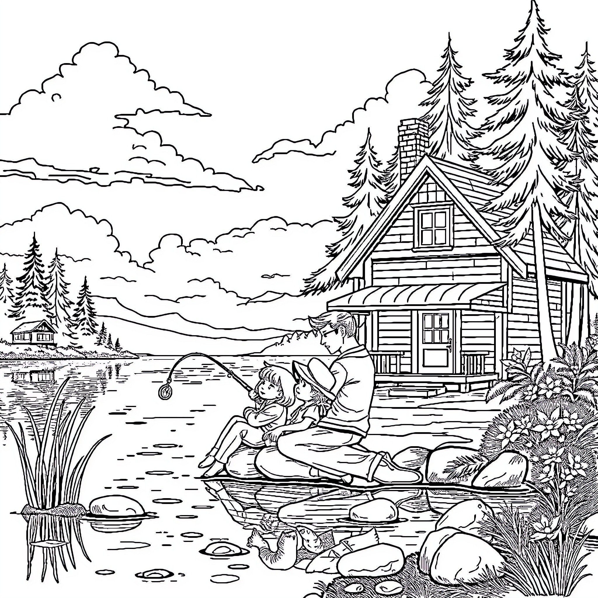 Girl Fishing by Cabin in the Wilderness Coloring Page (free black-and-white line drawing printable PDF for all, from beginners to advanced learners, including children, teens, adults, and seniors)