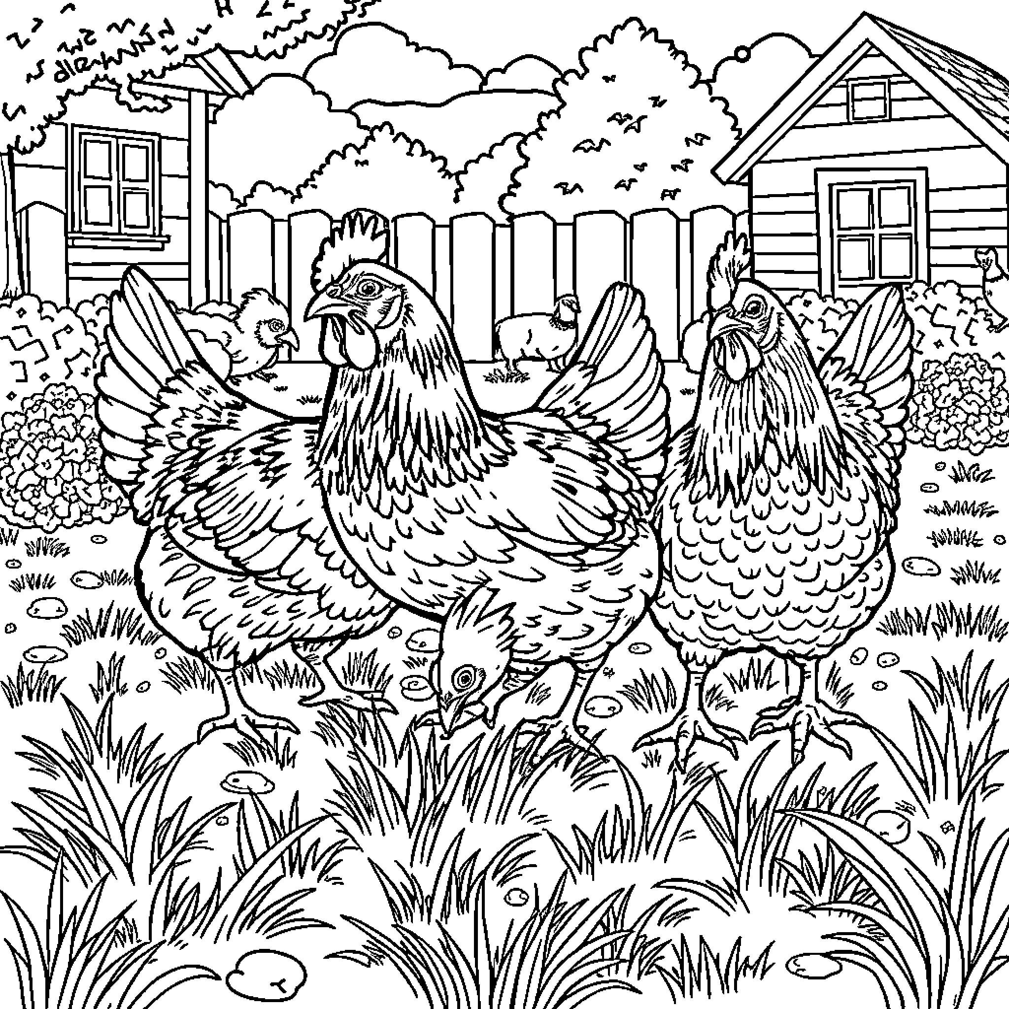 Chicken family enjoying their cozy farmyard Coloring Page (free black-and-white line drawing printable PDF for all, from beginners to advanced learners, including children, teens, adults, and seniors)