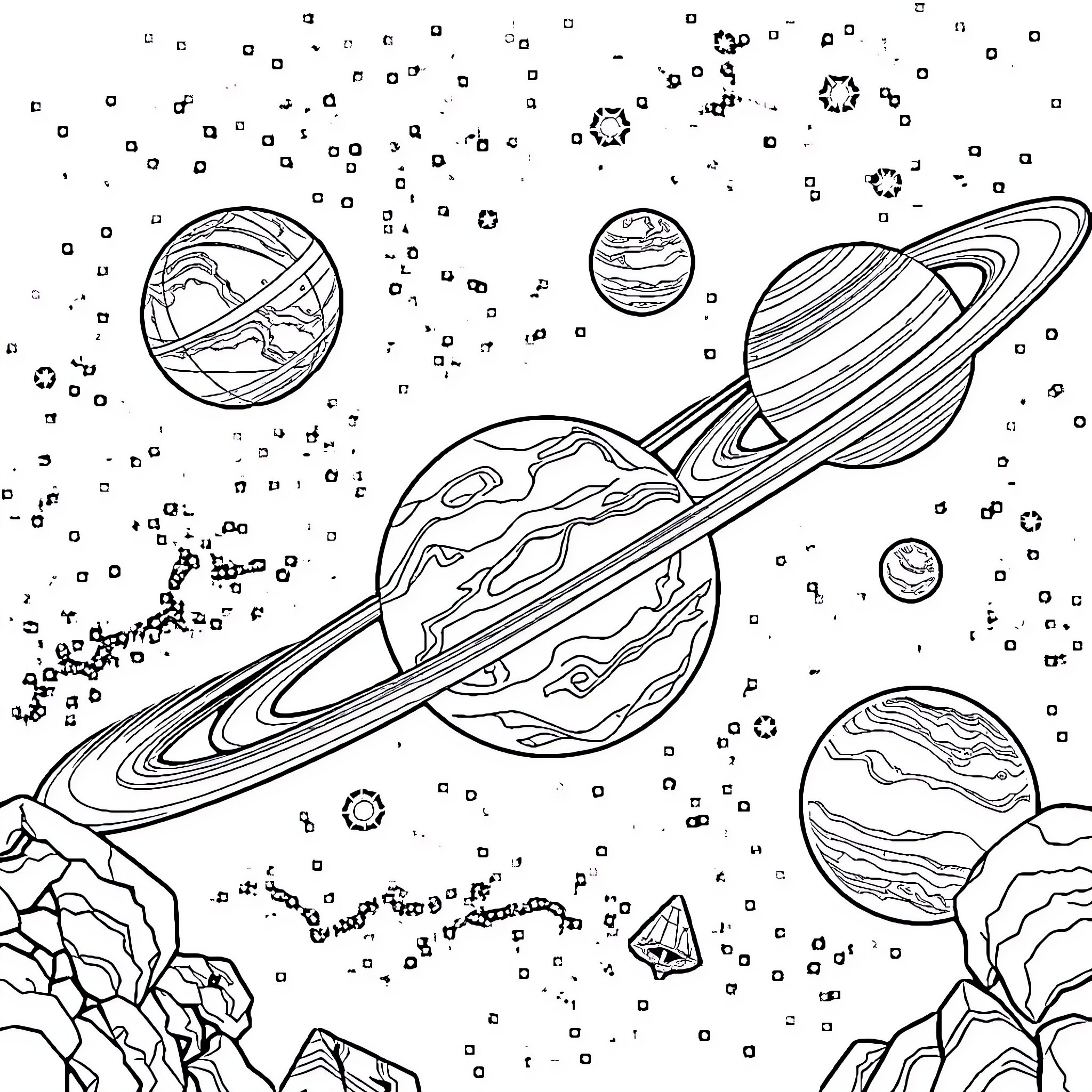 Planet Exploration in the Cosmic Realm Coloring Page (free black-and-white line drawing printable PDF for all, from beginners to advanced learners, including children, teens, adults, and seniors)