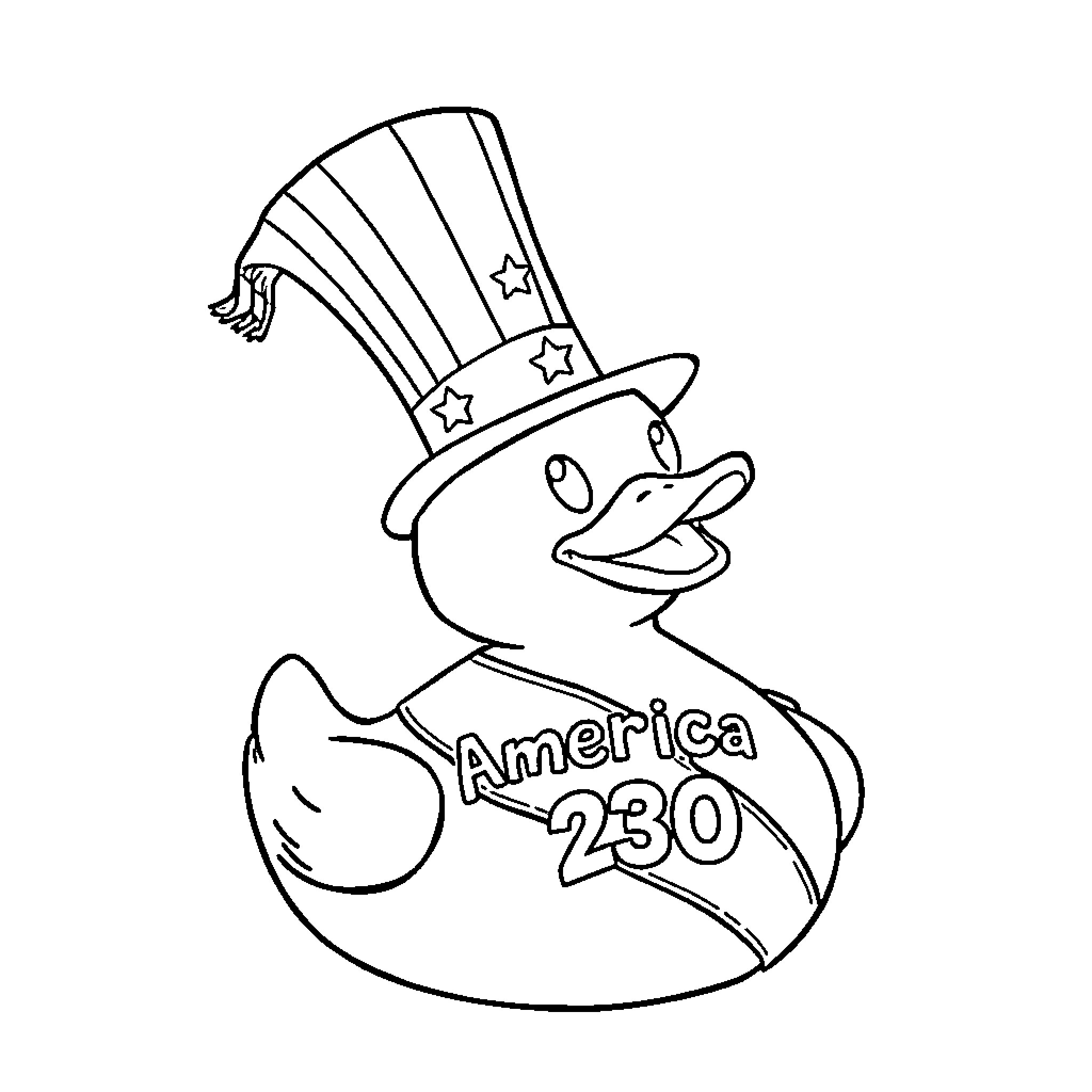 Rubber Duck Celebrating America's Independence Coloring Page (free black-and-white line drawing printable PDF for all, from beginners to advanced learners, including children, teens, adults, and seniors)