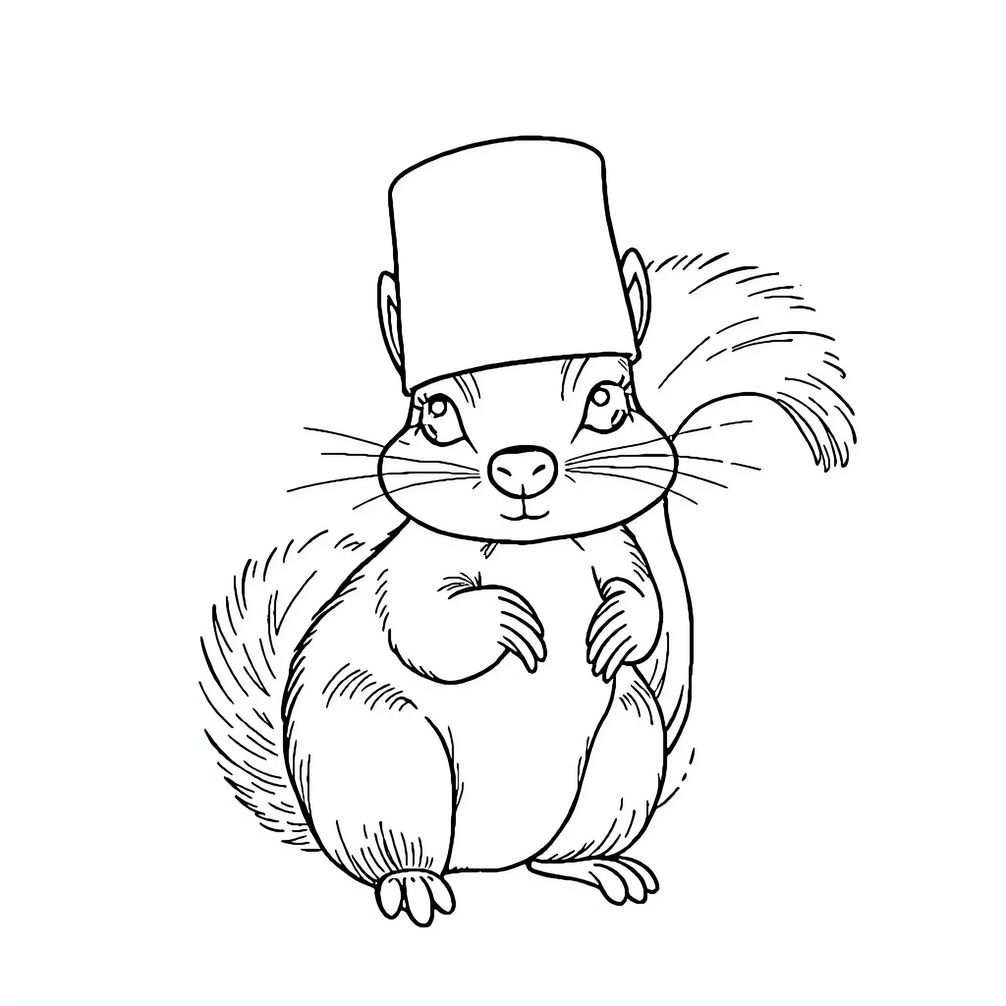 Squirrel wearing a fez and looking curious Coloring Page (free black-and-white line drawing printable PDF for all, from beginners to advanced learners, including children, teens, adults, and seniors)