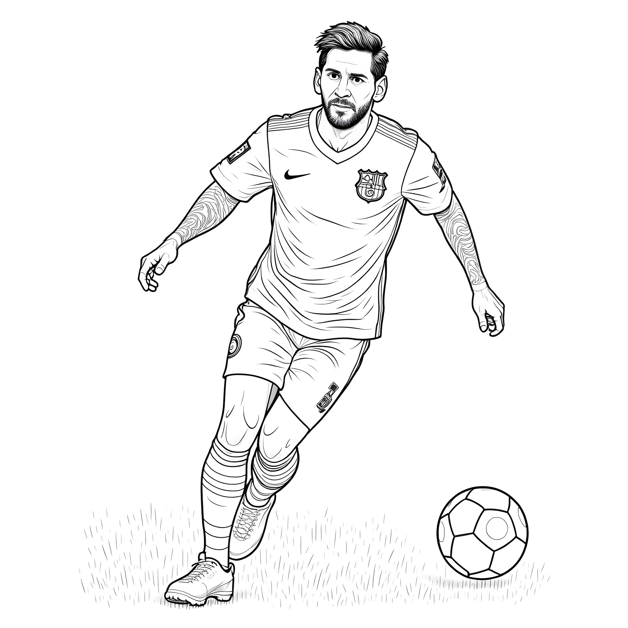 Messi in action on the football field Coloring Page (free black-and-white line drawing printable PDF for all, from beginners to advanced learners, including children, teens, adults, and seniors)