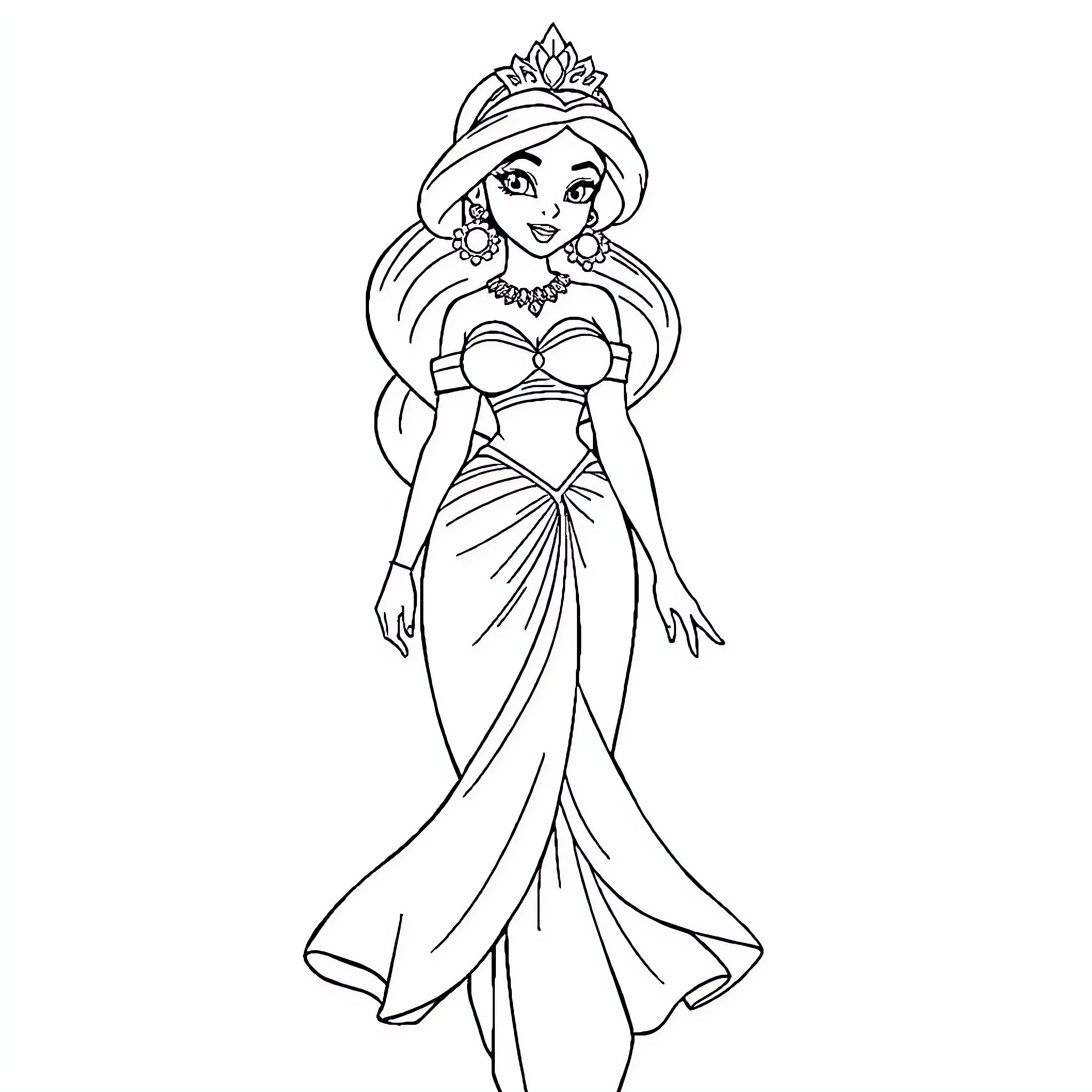 Princess Jasmine in elegant gown and tiara Coloring Page (free black-and-white line drawing printable PDF for all, from beginners to advanced learners, including children, teens, adults, and seniors)