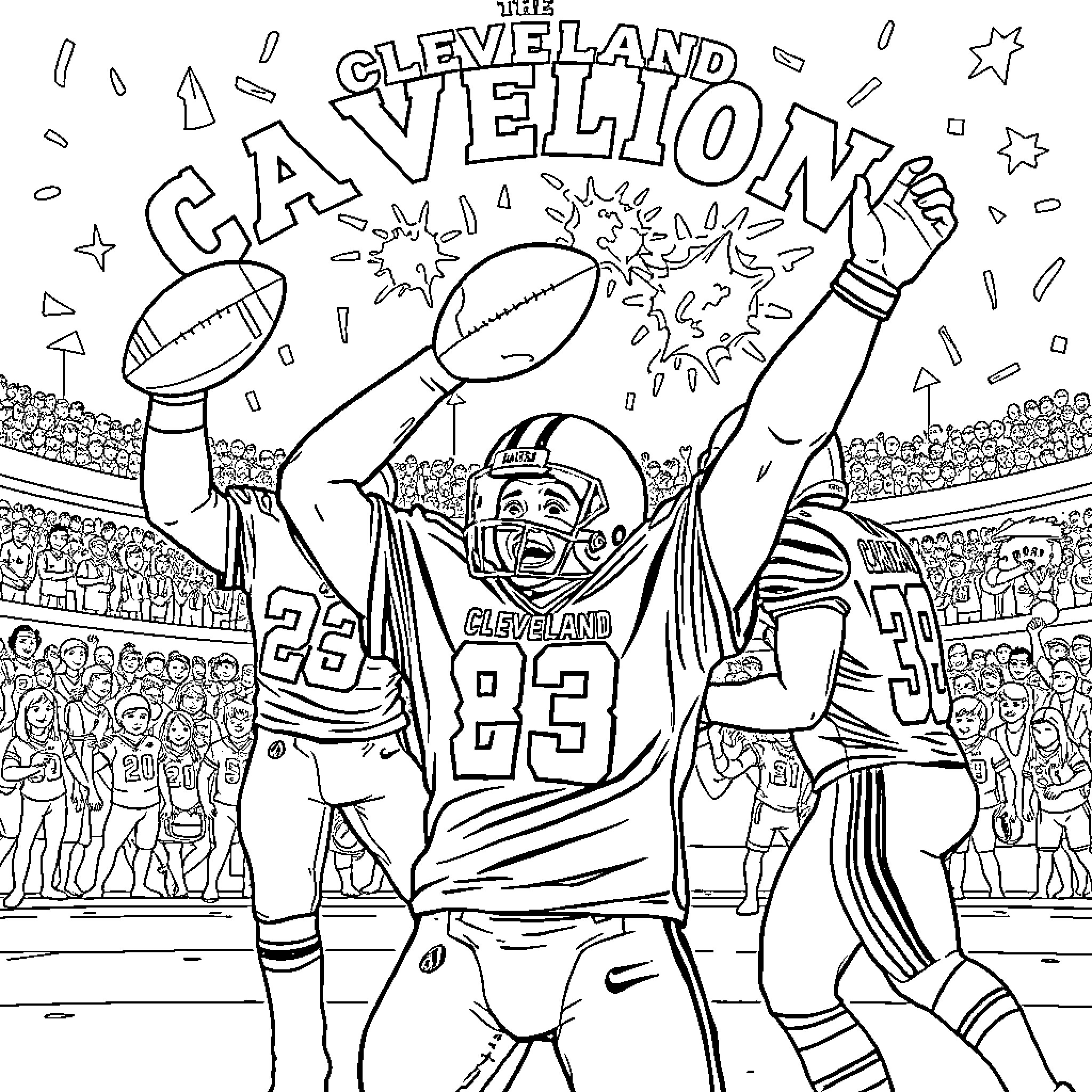 Cleveland Browns football players celebrating victory Coloring Page (free black-and-white line drawing printable PDF for all, from beginners to advanced learners, including children, teens, adults, and seniors)