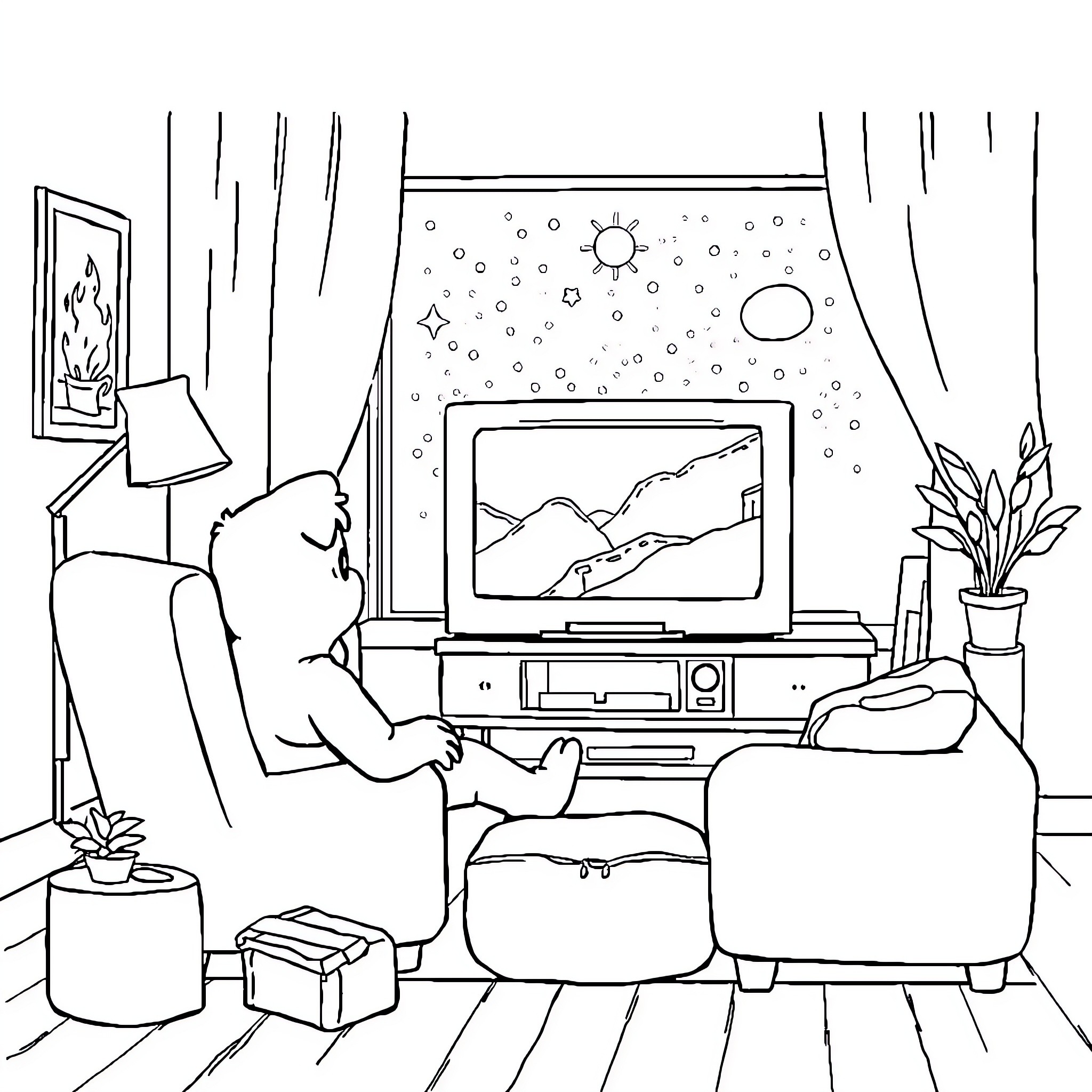 TV Night with Cozy Atmosphere Coloring Page (free black-and-white line drawing printable PDF for all, from beginners to advanced learners, including children, teens, adults, and seniors)