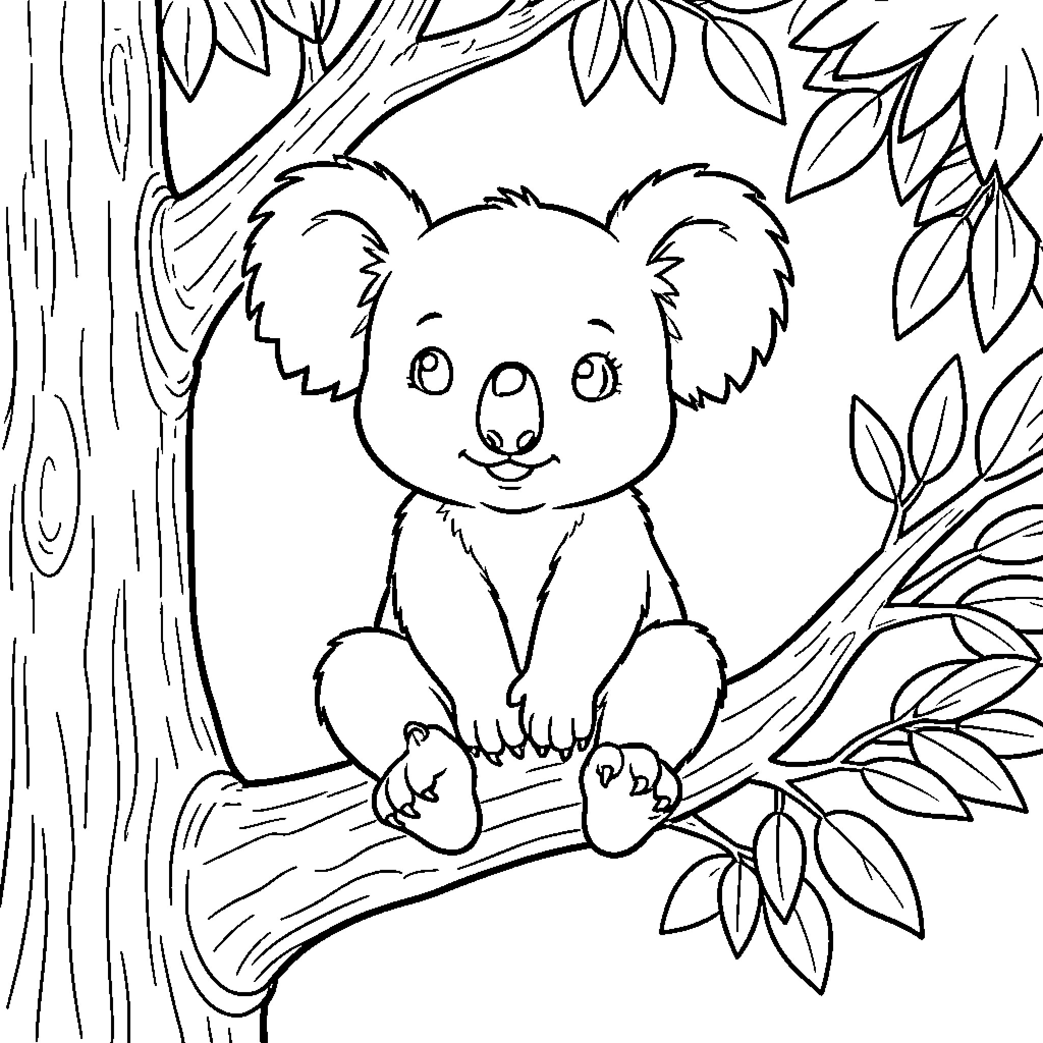 Koala resting peacefully in the forest Coloring Page (free black-and-white line drawing printable PDF for all, from beginners to advanced learners, including children, teens, adults, and seniors)