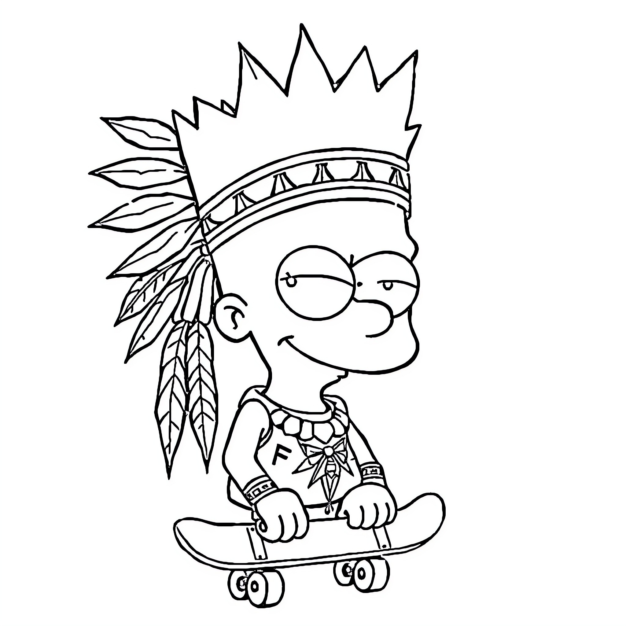 Bart Simpson skateboarding with tribal headpiece Coloring Page (free black-and-white line drawing printable PDF for all, from beginners to advanced learners, including children, teens, adults, and seniors)
