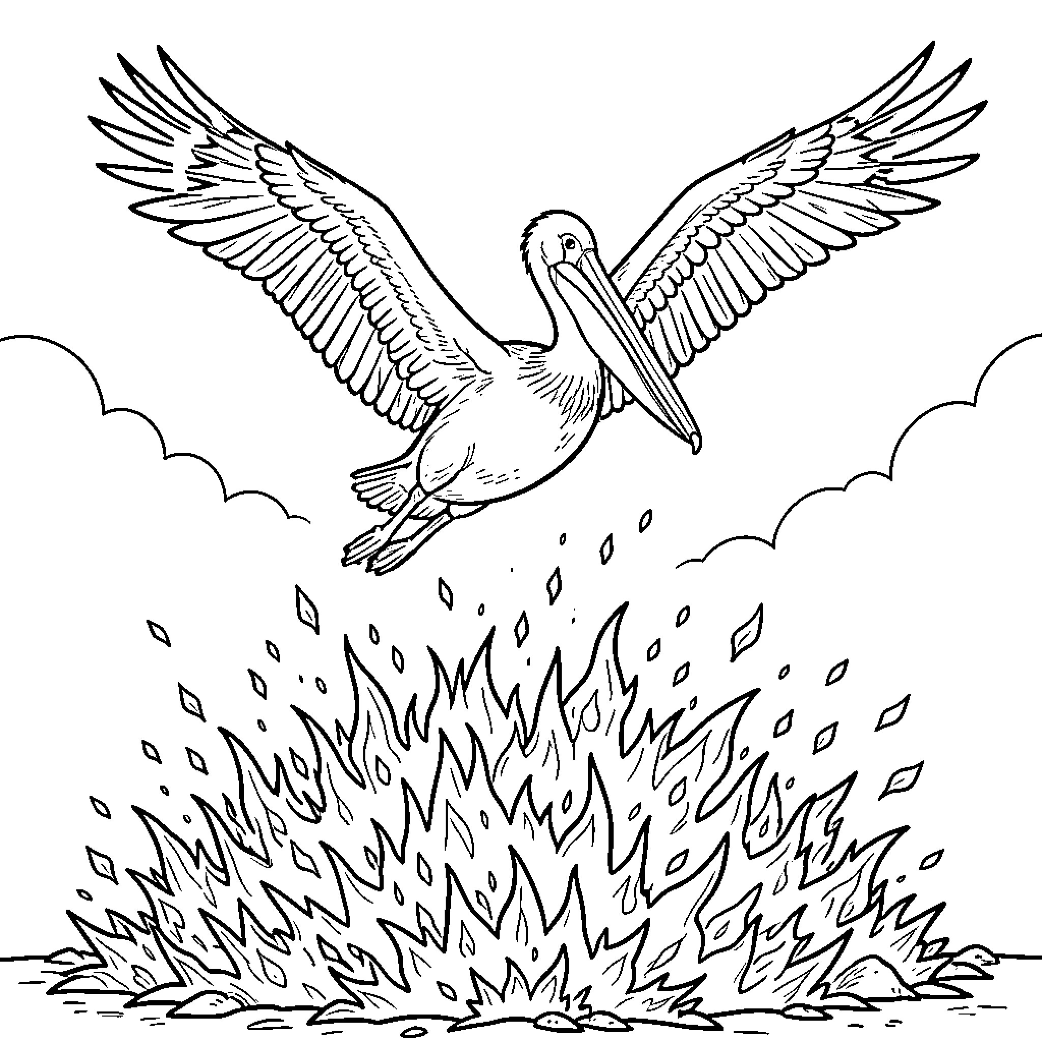 Pelican spreading its wings in flight over a landscape Coloring Page (free black-and-white line drawing printable PDF for all, from beginners to advanced learners, including children, teens, adults, and seniors)