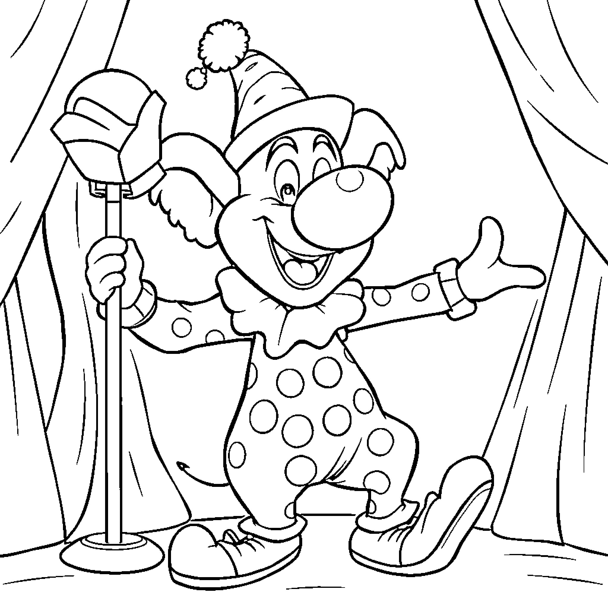 Bumba the Clown's Joyful Performance Coloring Page (free black-and-white line drawing printable PDF for all, from beginners to advanced learners, including children, teens, adults, and seniors)