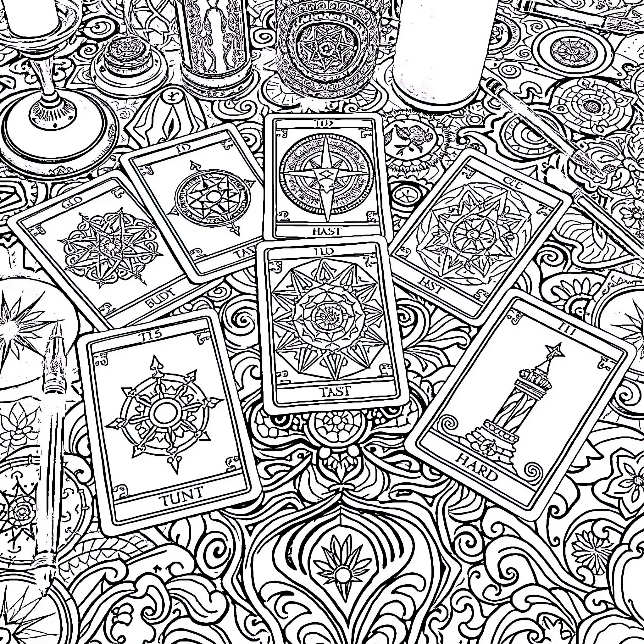 Tarot Card Mystical Symbols and Patterns Coloring Page (free black-and-white line drawing printable PDF for all, from beginners to advanced learners, including children, teens, adults, and seniors)