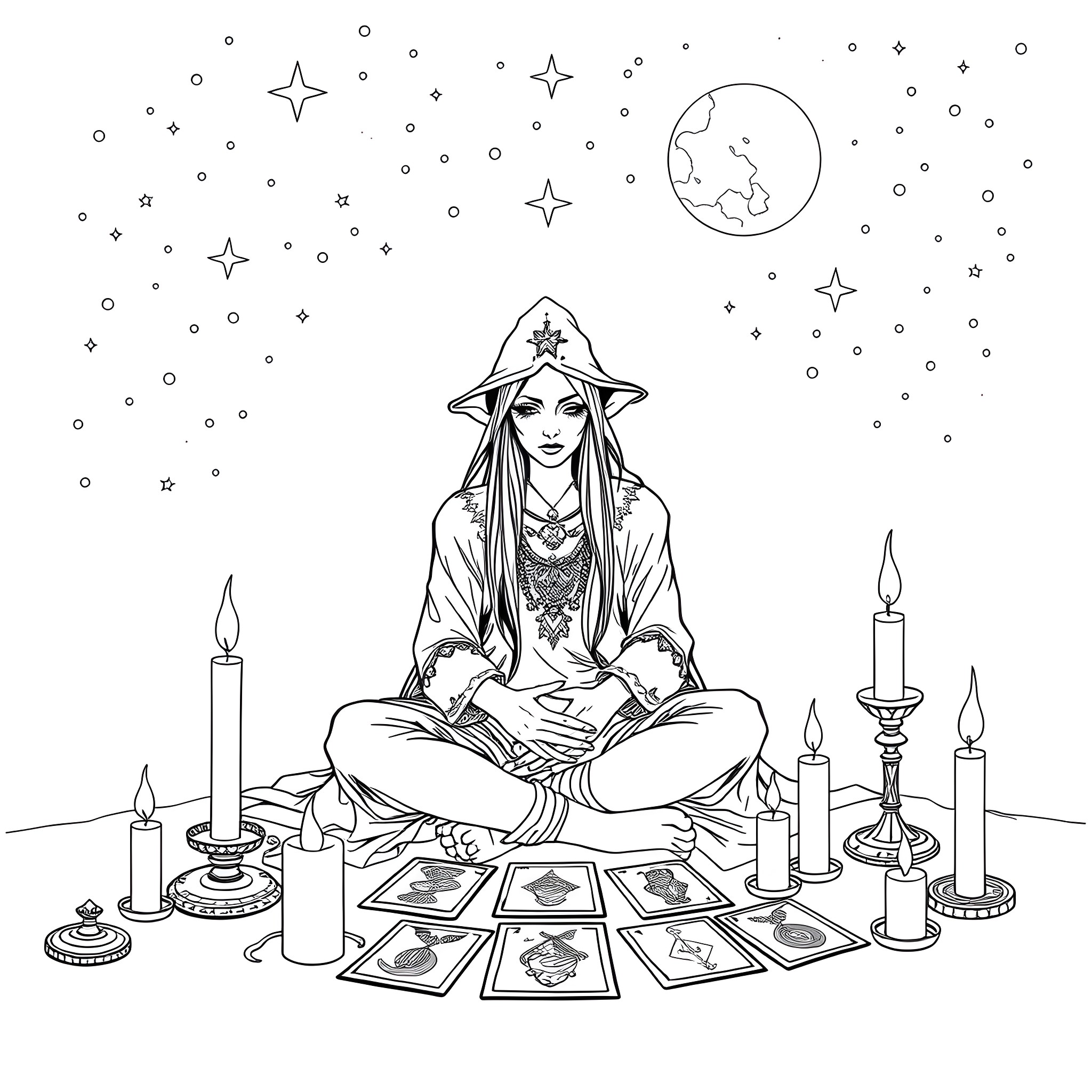 Tarot Reader Conducting Mystical Divination Session Coloring Page (free black-and-white line drawing printable PDF for all, from beginners to advanced learners, including children, teens, adults, and seniors)