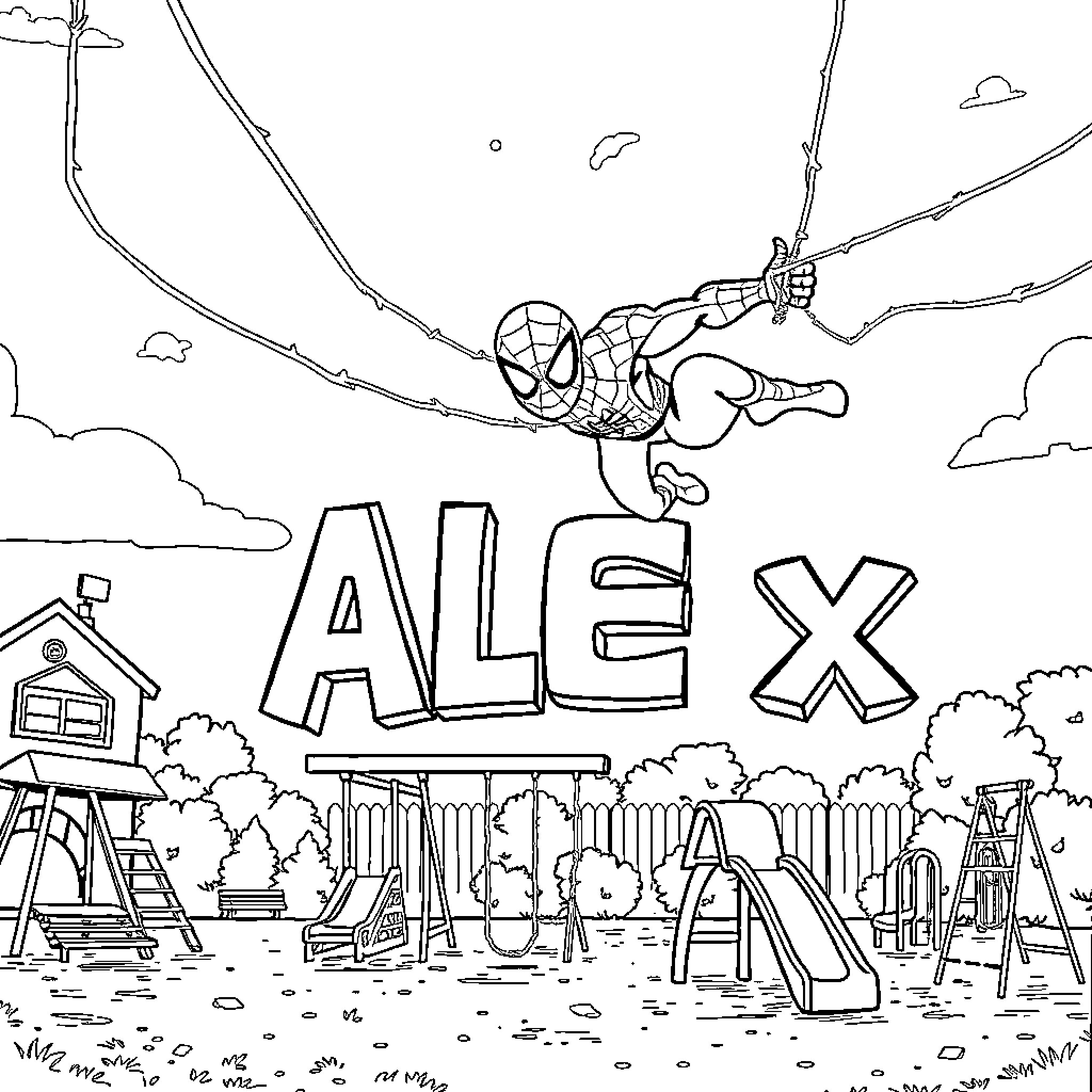 Spiderman swinging through the playground Coloring Page (free black-and-white line drawing printable PDF for all, from beginners to advanced learners, including children, teens, adults, and seniors)