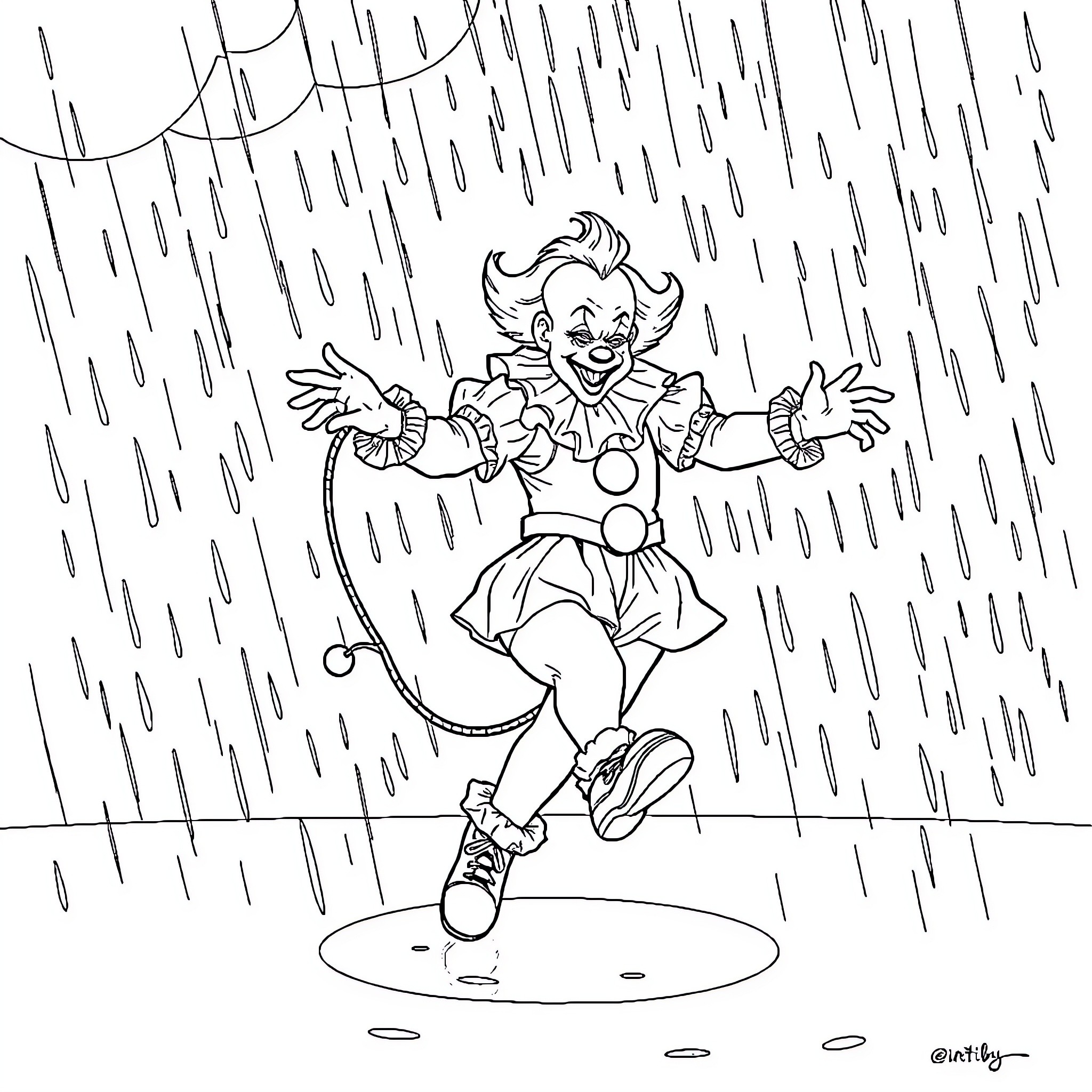 Pennywise the Clown Embracing the Rain Coloring Page (free black-and-white line drawing printable PDF for all, from beginners to advanced learners, including children, teens, adults, and seniors)