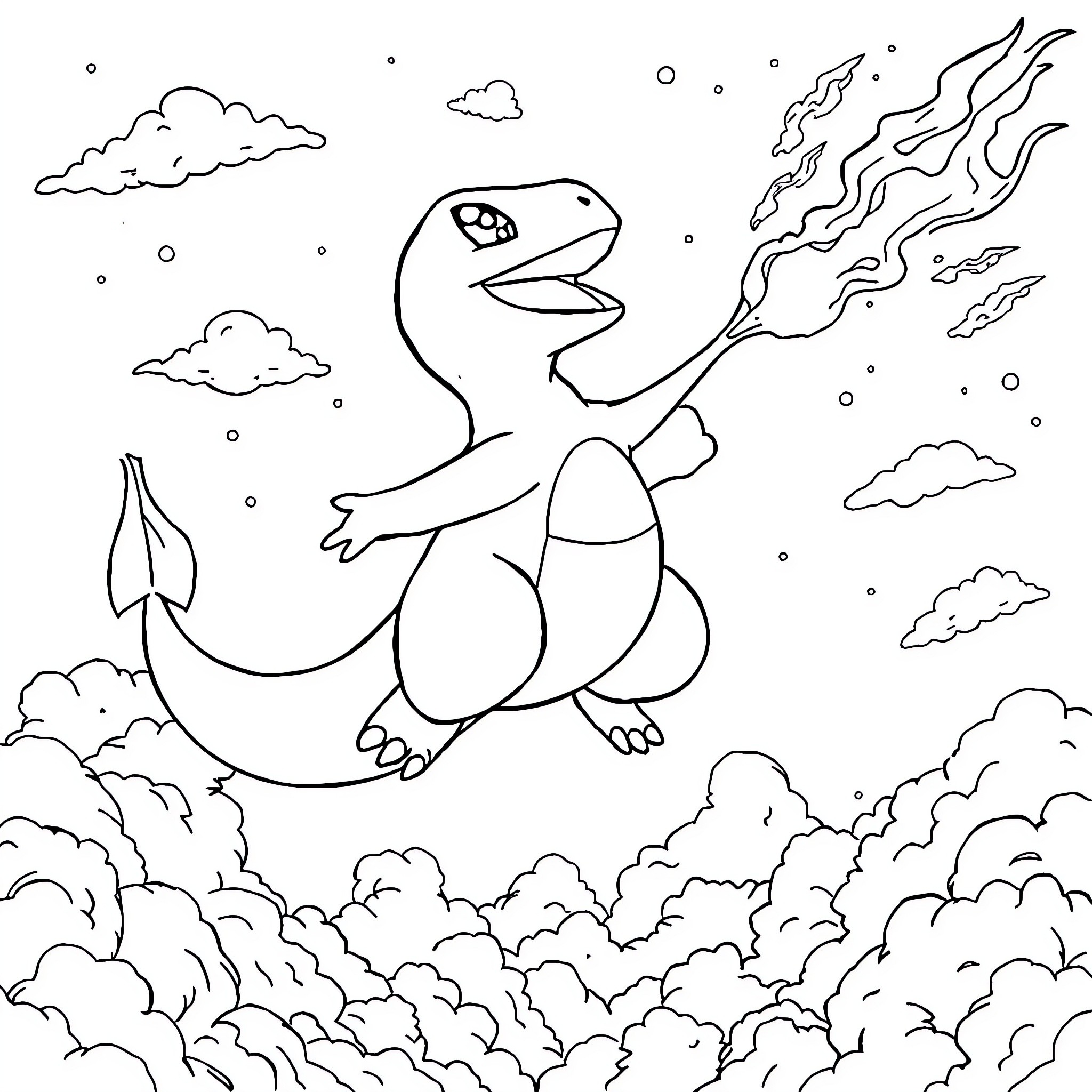 Charmander breathing fire in the clouds Coloring Page (free black-and-white line drawing printable PDF for all, from beginners to advanced learners, including children, teens, adults, and seniors)
