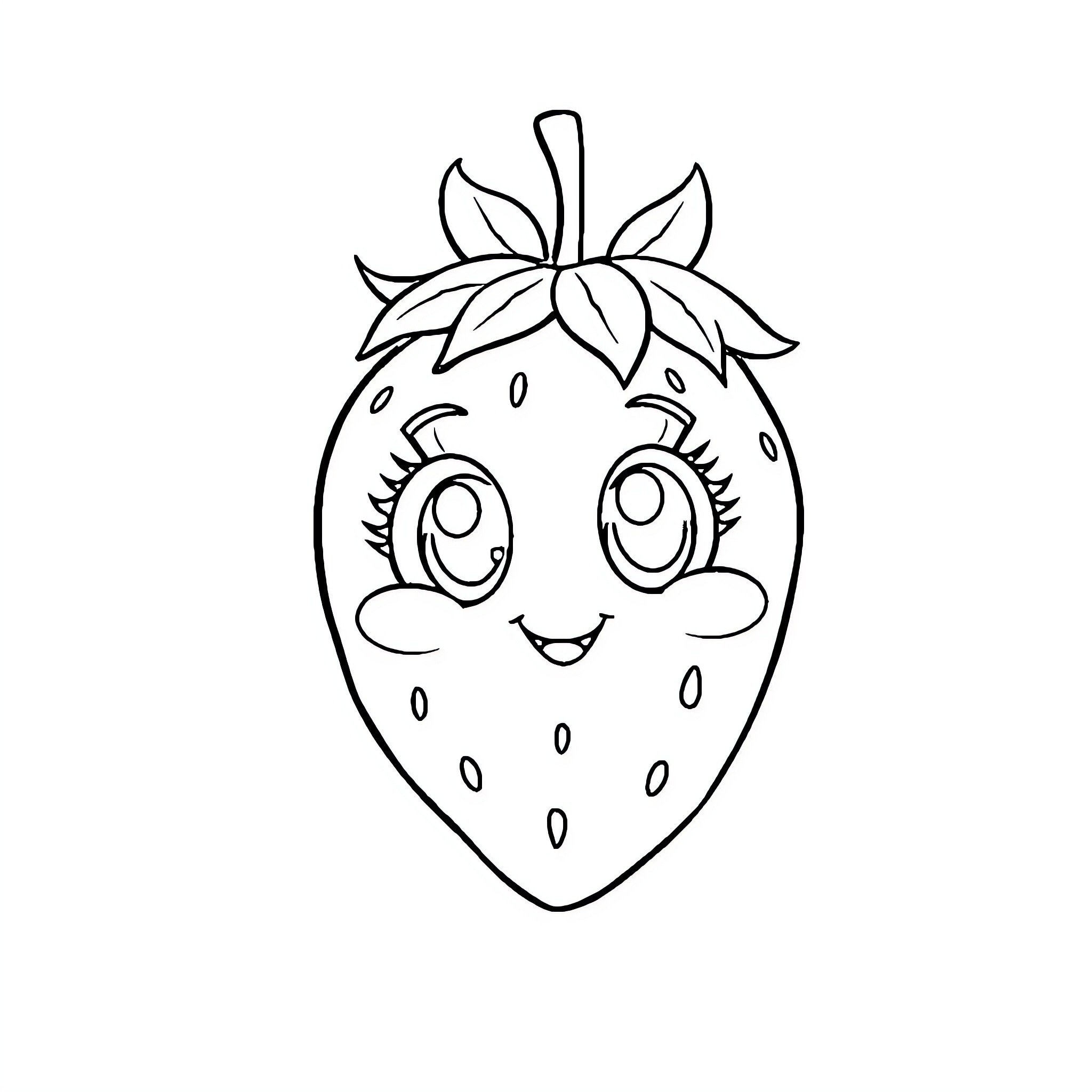 Strawberry with Cute Facial Expression Coloring Page (free black-and-white line drawing printable PDF for all, from beginners to advanced learners, including children, teens, adults, and seniors)