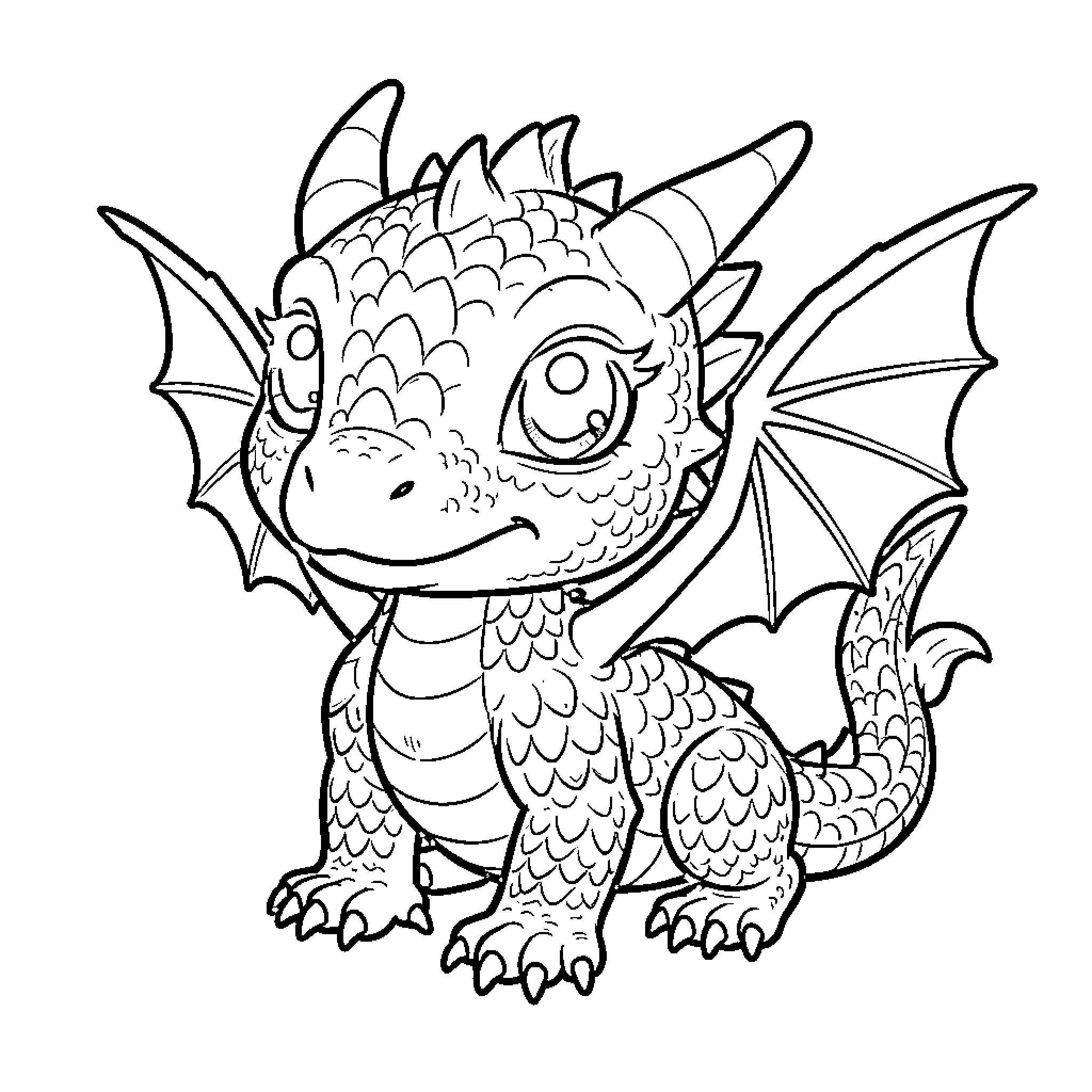 Dragon Hatchling Exploring its Surroundings Coloring Page (free black-and-white line drawing printable PDF for all, from beginners to advanced learners, including children, teens, adults, and seniors)