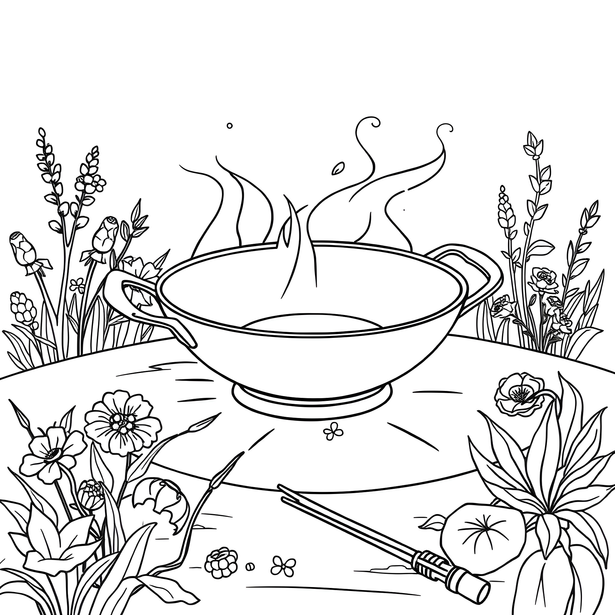 Wok Filled with Steaming Herbs and Flowers Coloring Page (free black-and-white line drawing printable PDF for all, from beginners to advanced learners, including children, teens, adults, and seniors)