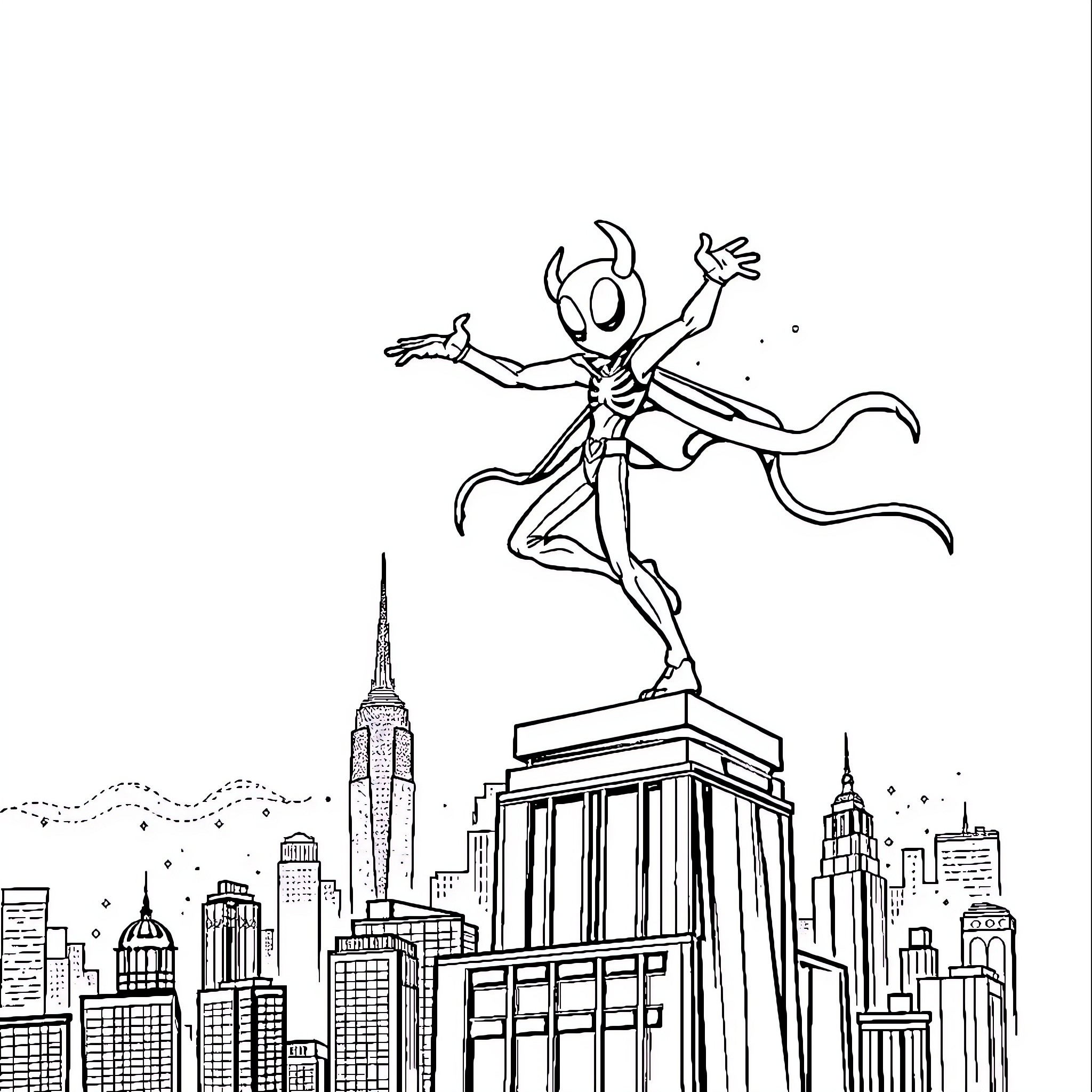 Spawn leaping heroically over the city skyline Coloring Page (free black-and-white line drawing printable PDF for all, from beginners to advanced learners, including children, teens, adults, and seniors)
