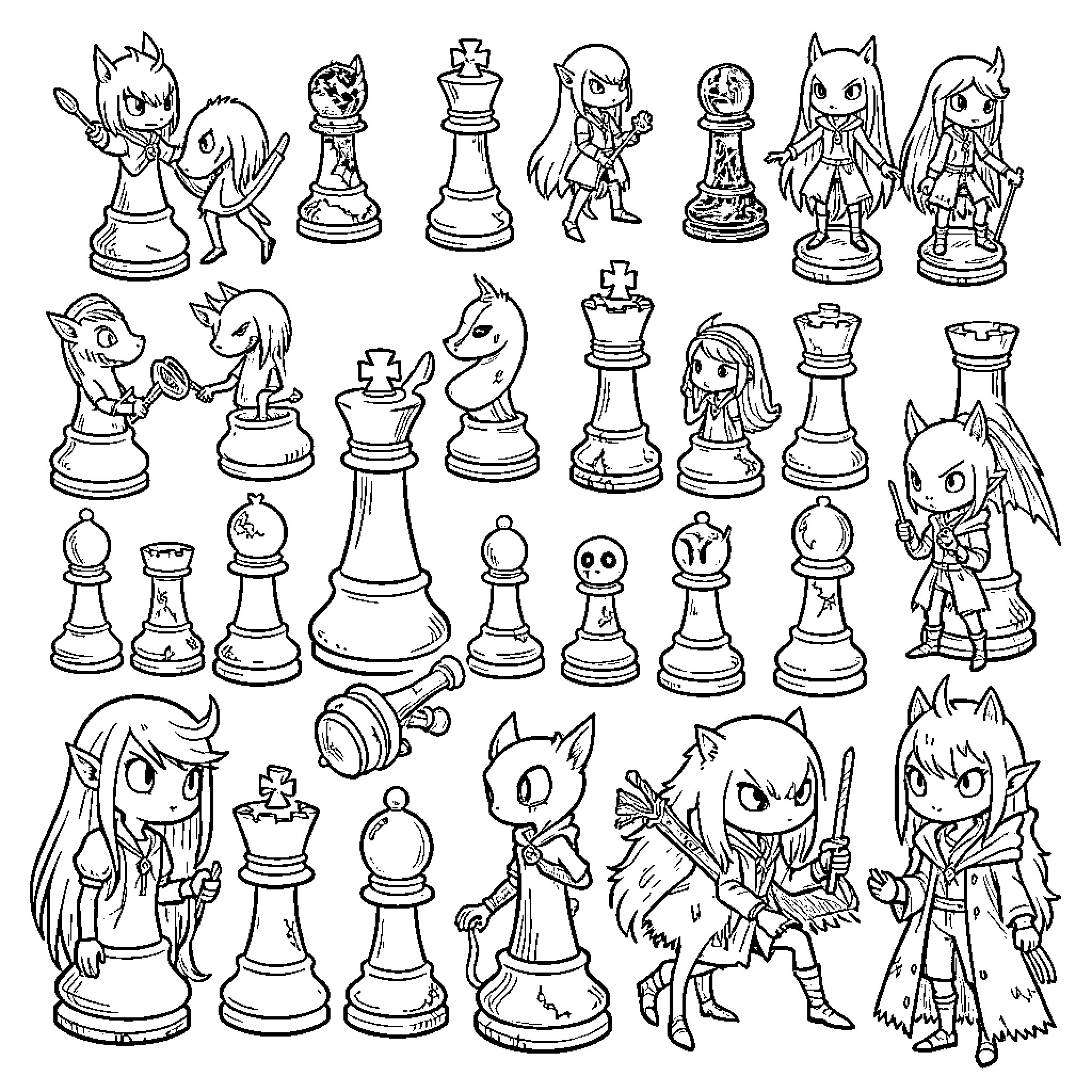 Chess Pieces with Fantastical Characters Coloring Page (free black-and-white line drawing printable PDF for all, from beginners to advanced learners, including children, teens, adults, and seniors)