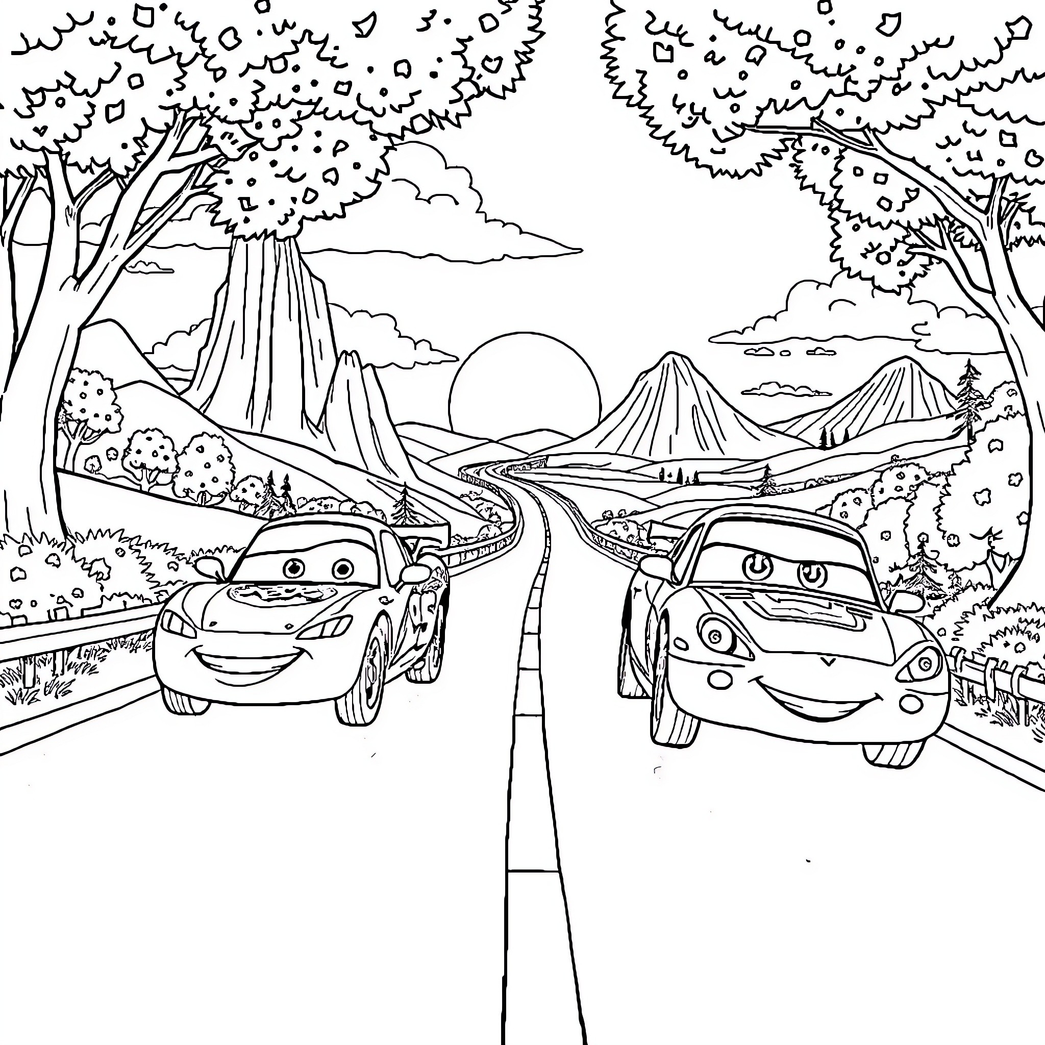Cars driving on a scenic road through mountains Coloring Page (free black-and-white line drawing printable PDF for all, from beginners to advanced learners, including children, teens, adults, and seniors)
