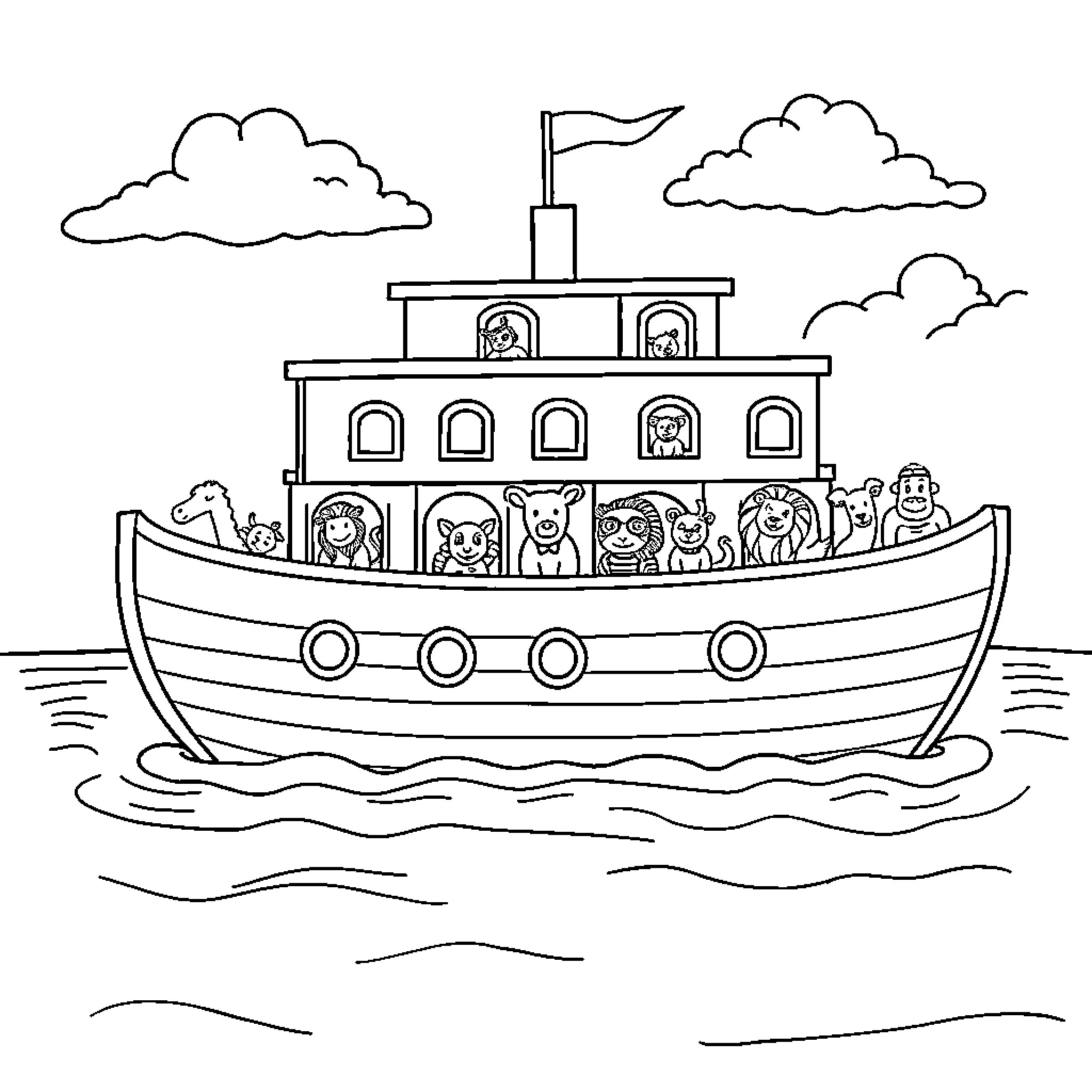 Noah's Ark with Animals on a Boat Sailing Coloring Page (free black-and-white line drawing printable PDF for all, from beginners to advanced learners, including children, teens, adults, and seniors)