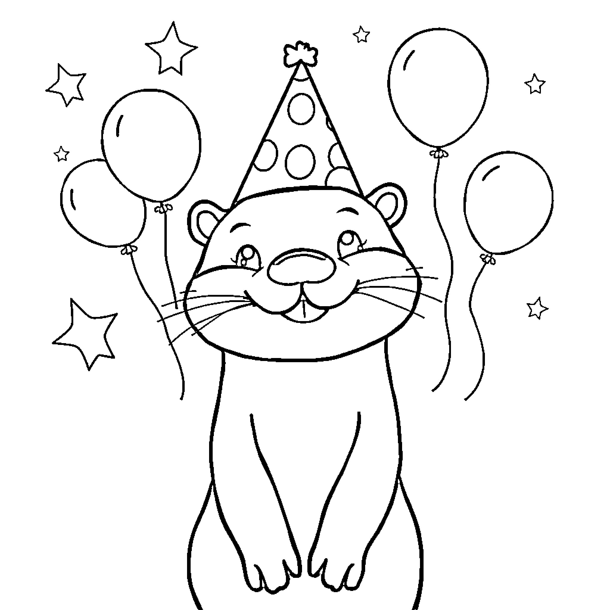 Otter celebrating with party hat and balloons Coloring Page (free black-and-white line drawing printable PDF for all, from beginners to advanced learners, including children, teens, adults, and seniors)