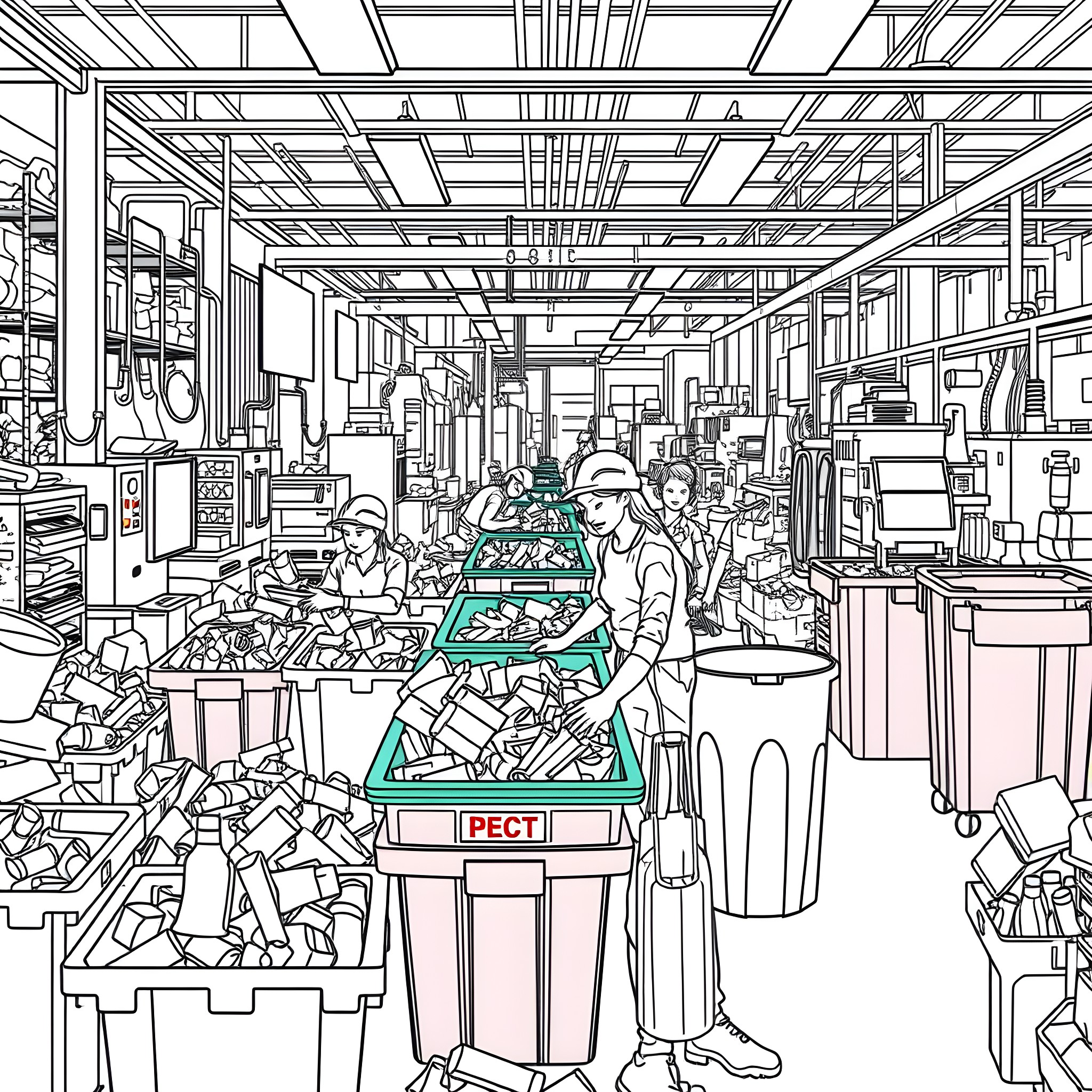 Recycling in a bustling workshop Coloring Page (free black-and-white line drawing printable PDF for all, from beginners to advanced learners, including children, teens, adults, and seniors)