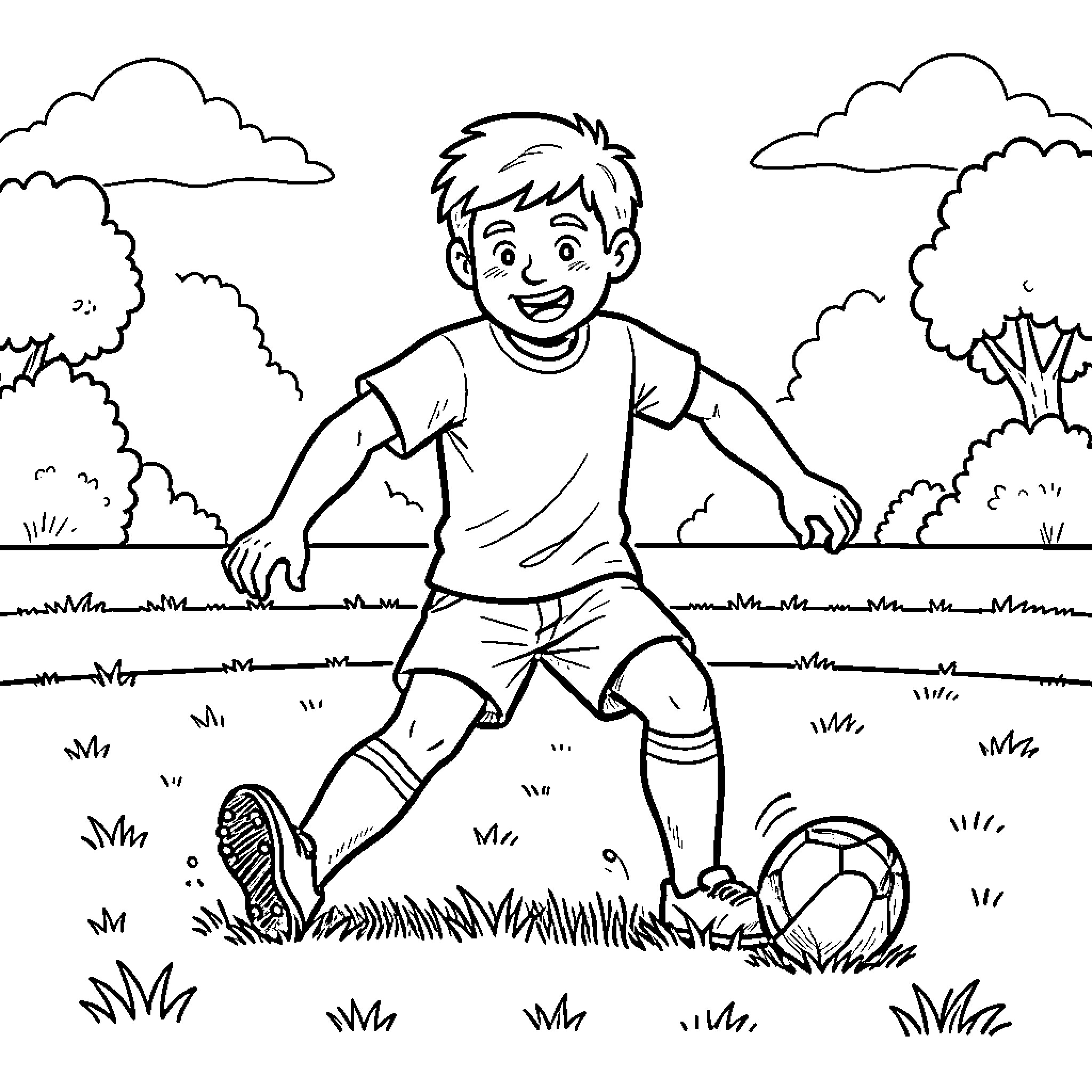 Stumble Guy playing soccer in a grassy field Coloring Page (free black-and-white line drawing printable PDF for all, from beginners to advanced learners, including children, teens, adults, and seniors)
