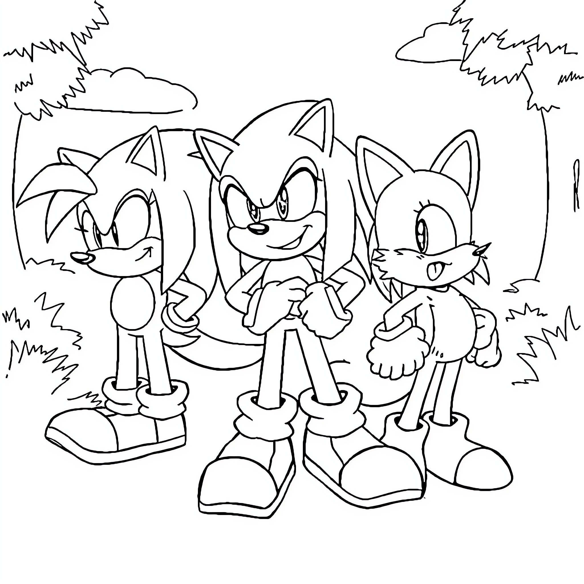 Sonic characters exploring the outdoors Coloring Page (free black-and-white line drawing printable PDF for all, from beginners to advanced learners, including children, teens, adults, and seniors)