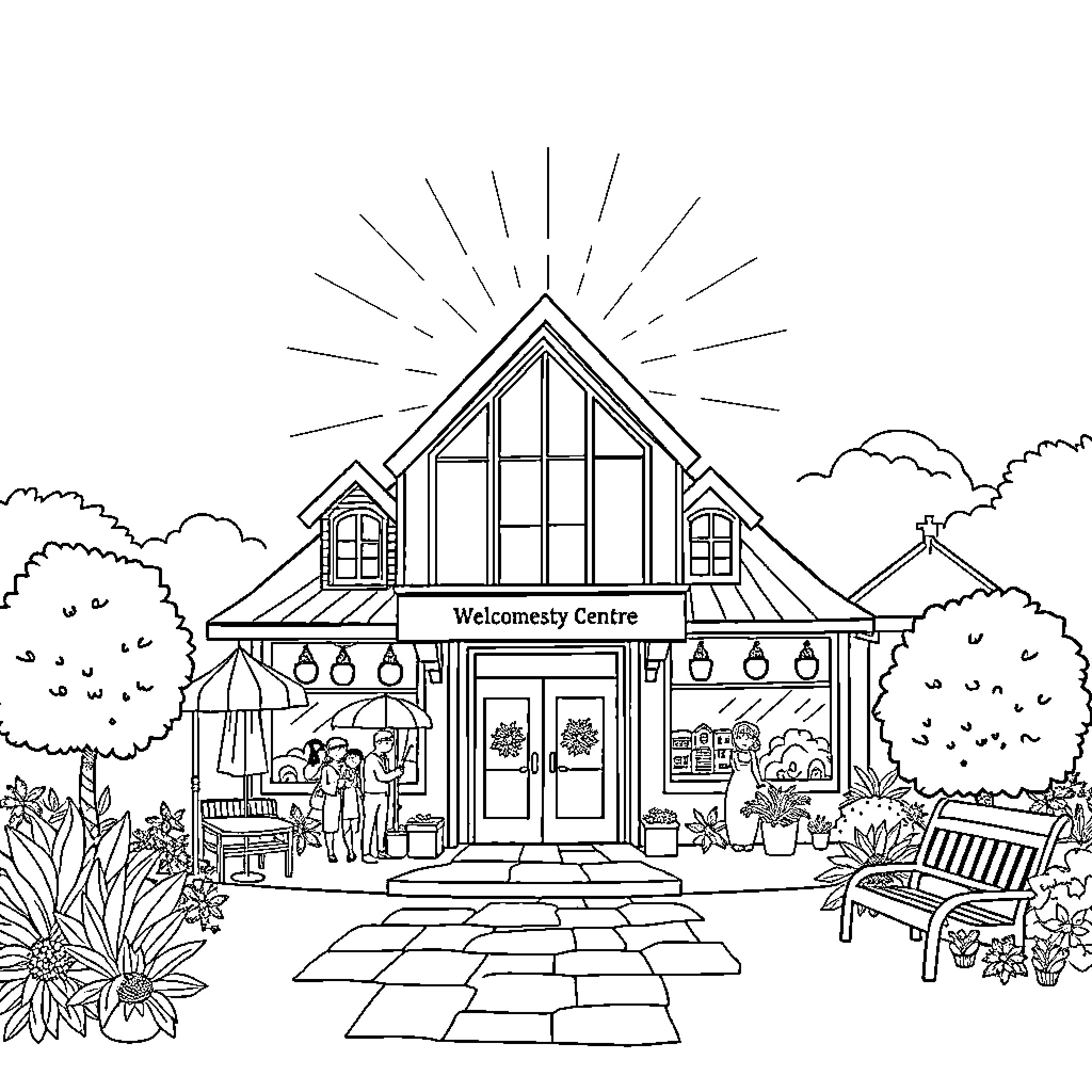 Community Centre with People Engaging in Activities Coloring Page (free black-and-white line drawing printable PDF for all, from beginners to advanced learners, including children, teens, adults, and seniors)