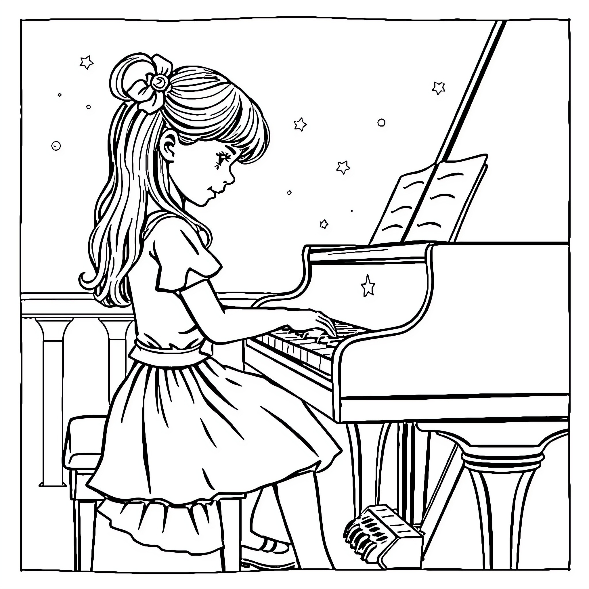 Piano Melody with Starlight Coloring Page (free black-and-white line drawing printable PDF for all, from beginners to advanced learners, including children, teens, adults, and seniors)