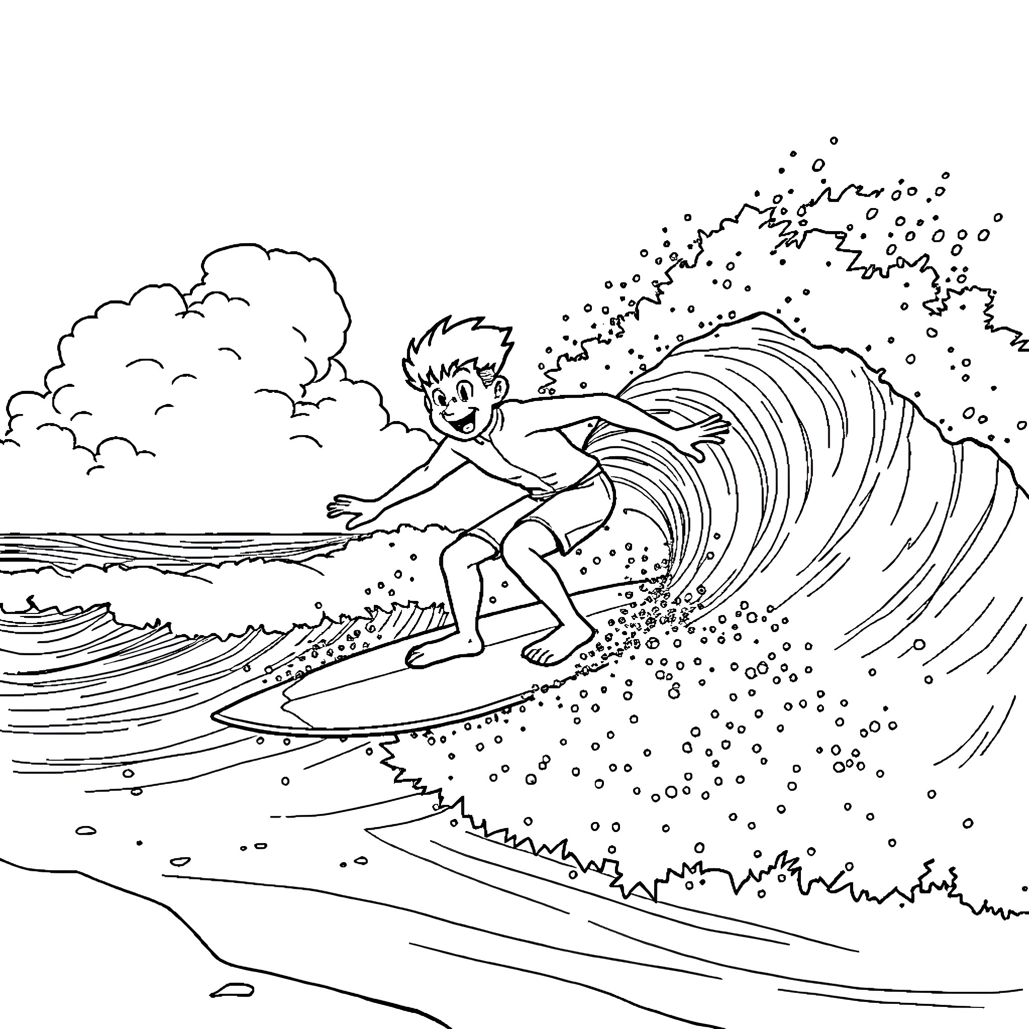 Dandy surfer rides massive wave Coloring Page (free black-and-white line drawing printable PDF for all, from beginners to advanced learners, including children, teens, adults, and seniors)
