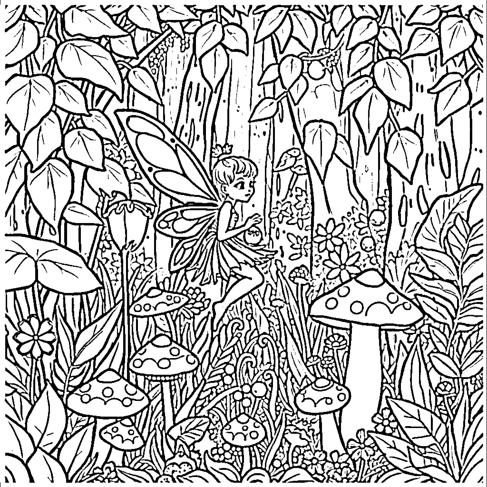 Fairy Resting in Enchanted Forest Coloring Page (free black-and-white line drawing printable PDF for all, from beginners to advanced learners, including children, teens, adults, and seniors)