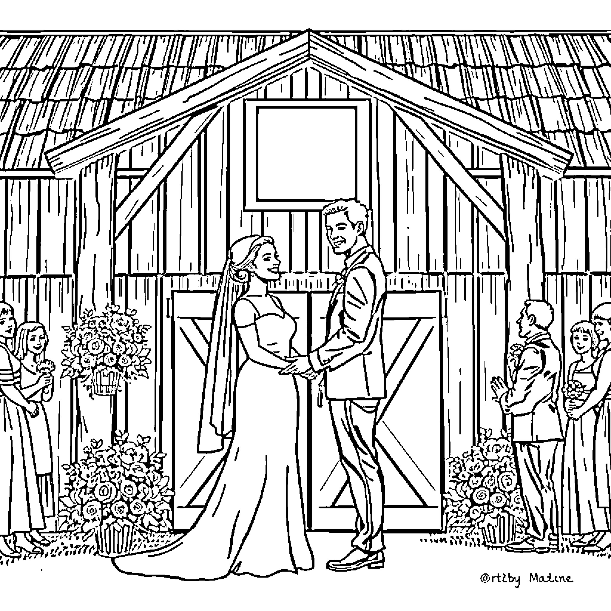 Bride and groom exchanging vows in a rustic wedding ceremony Coloring Page (free black-and-white line drawing printable PDF for all, from beginners to advanced learners, including children, teens, adults, and seniors)