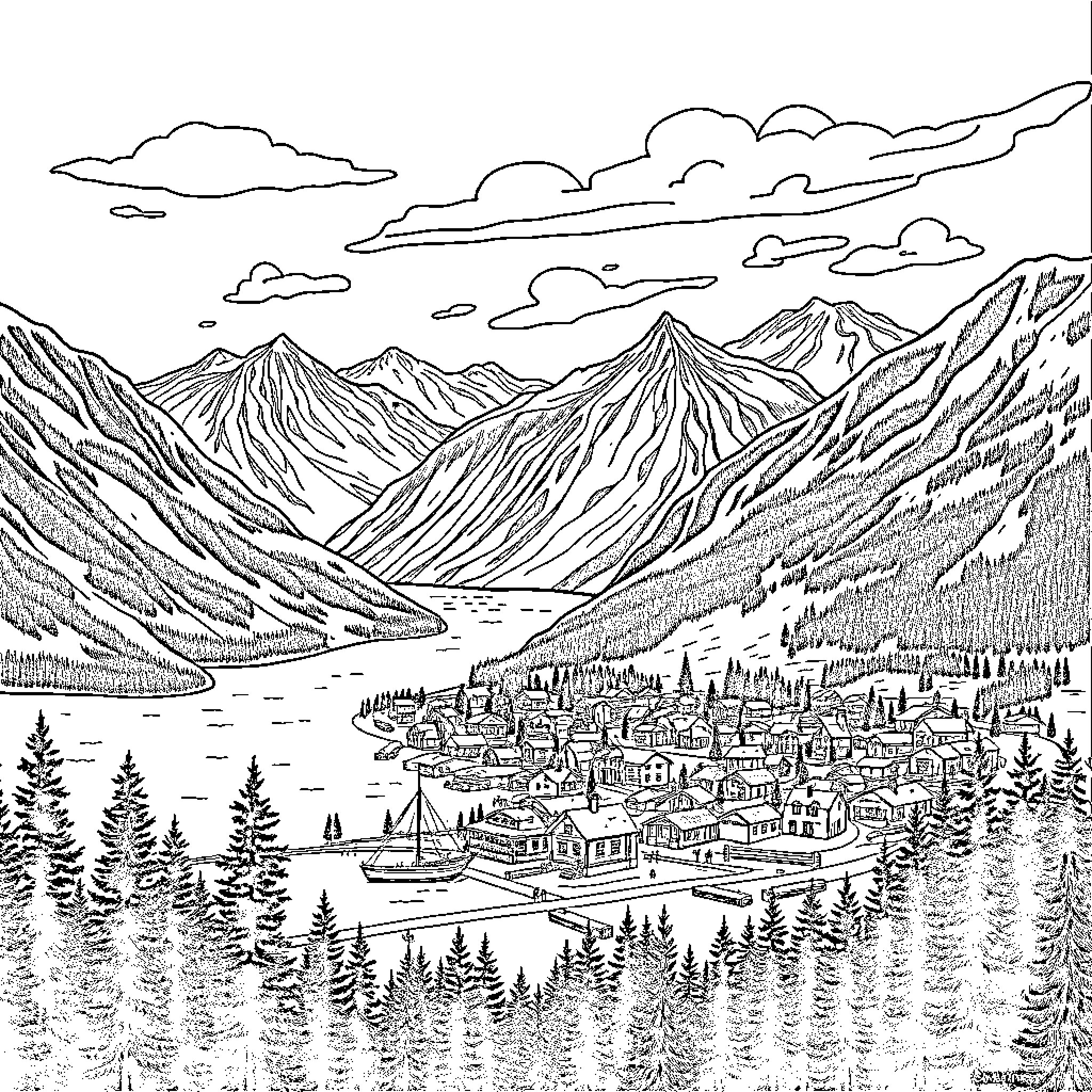 Carcross: Serene Mountain Town Nestled in Rugged Landscape Coloring Page (free black-and-white line drawing printable PDF for all, from beginners to advanced learners, including children, teens, adults, and seniors)