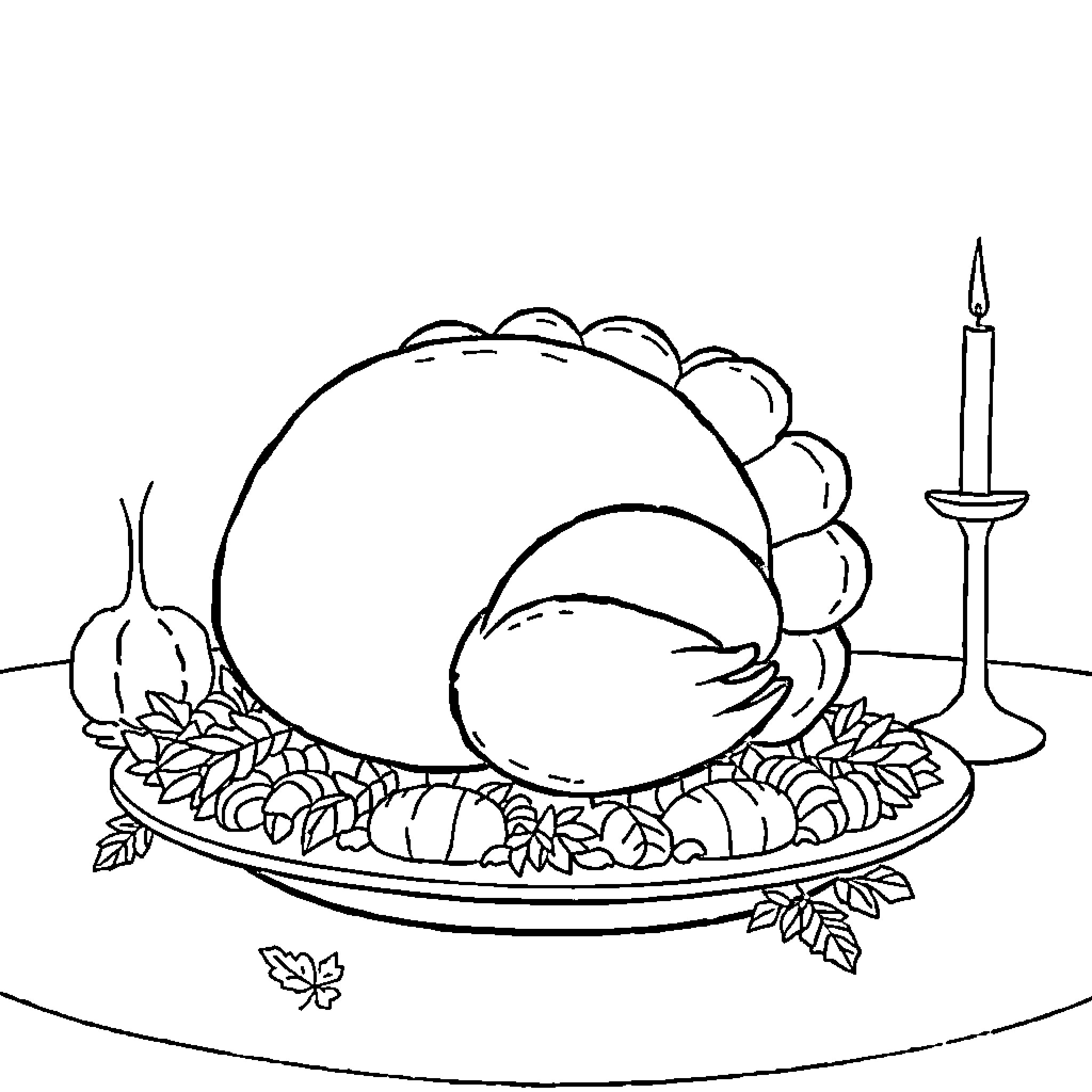 Turkey feast with festive decorations Coloring Page (free black-and-white line drawing printable PDF for all, from beginners to advanced learners, including children, teens, adults, and seniors)