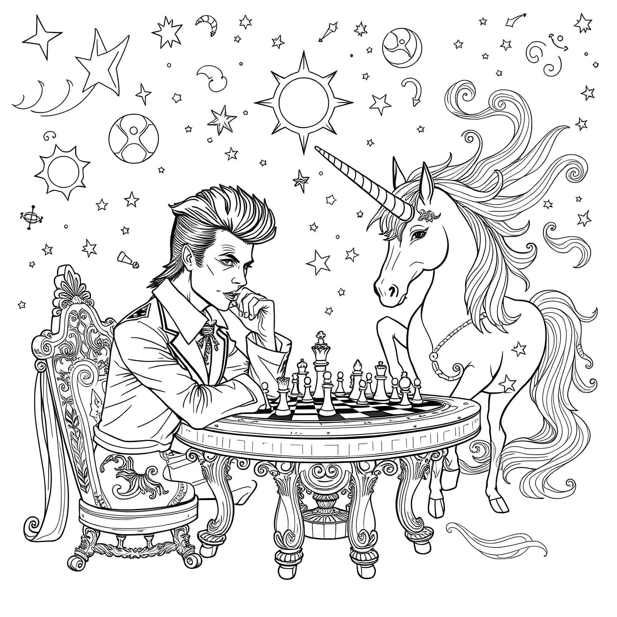David Bowie playing chess with a unicorn Coloring Page (free black-and-white line drawing printable PDF for all, from beginners to advanced learners, including children, teens, adults, and seniors)