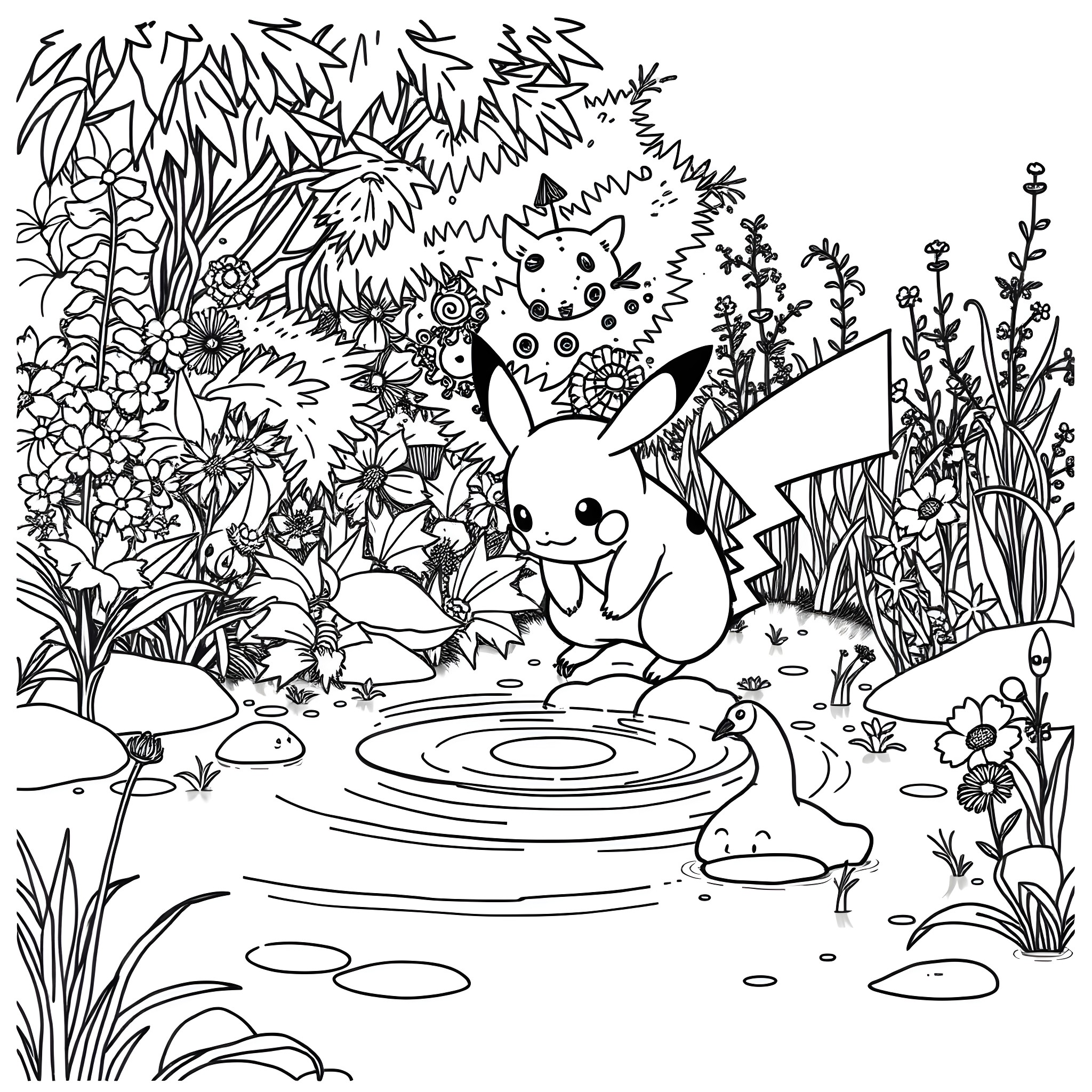Pikachu frolicking in a whimsical forest scene Coloring Page (free black-and-white line drawing printable PDF for all, from beginners to advanced learners, including children, teens, adults, and seniors)