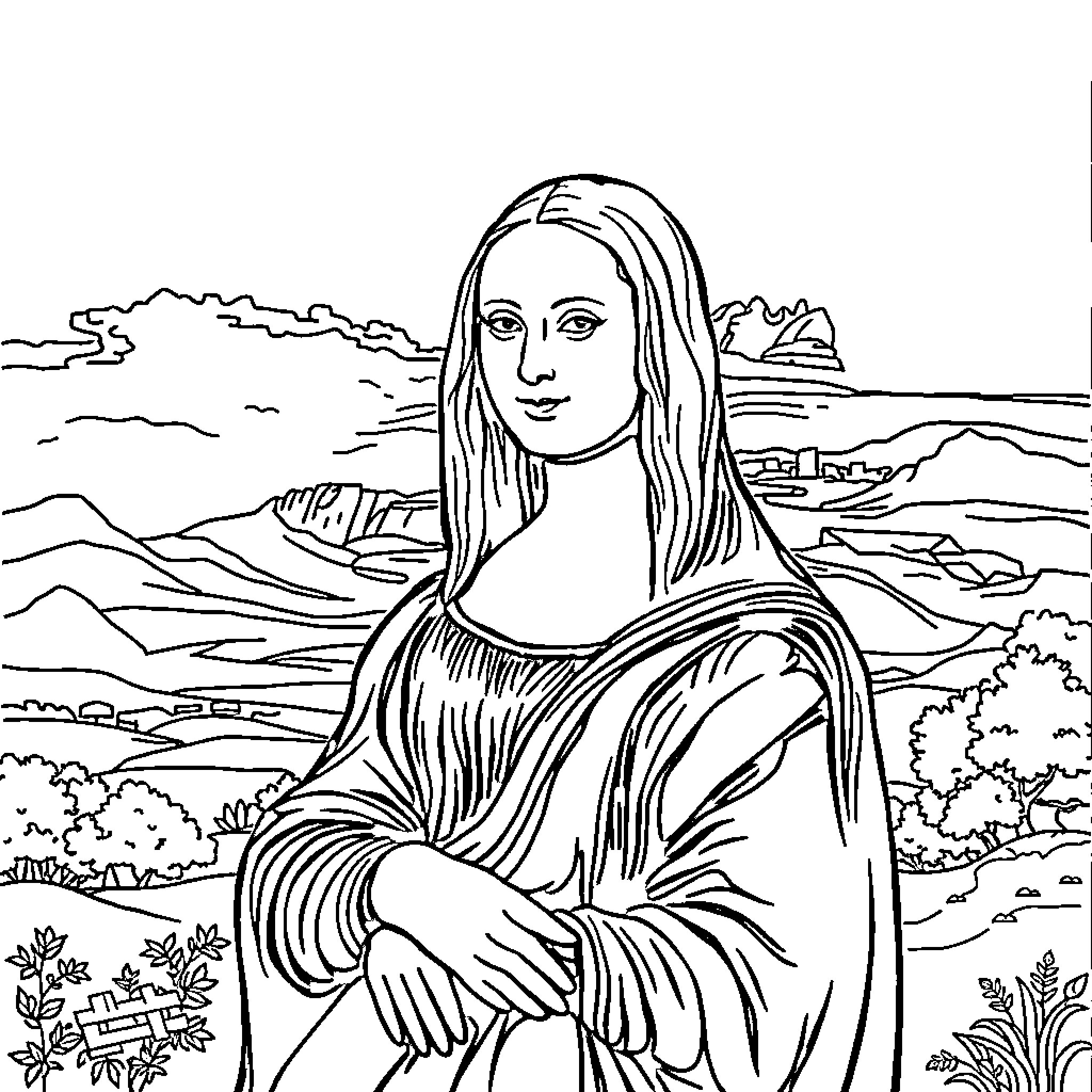 Mona Lisa in an Idyllic Landscape Coloring Page (free black-and-white line drawing printable PDF for all, from beginners to advanced learners, including children, teens, adults, and seniors)