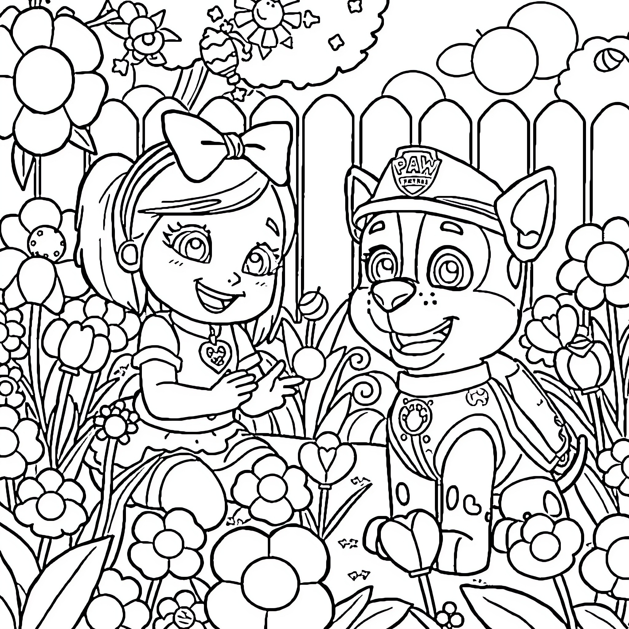 Tasha and Rubble Explore the Flower Garden Coloring Page (free black-and-white line drawing printable PDF for all, from beginners to advanced learners, including children, teens, adults, and seniors)