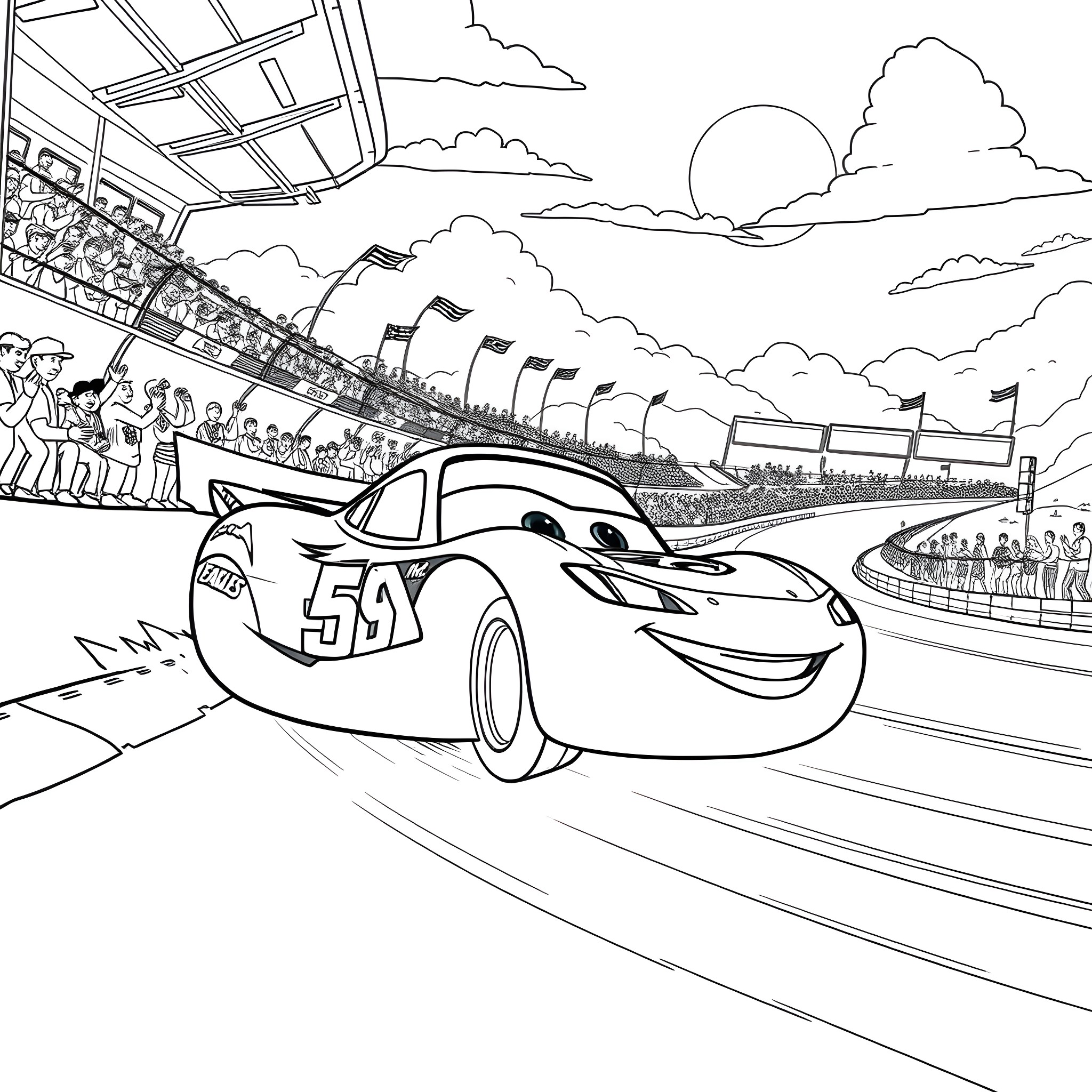 Lightning McQueen racing on the track Coloring Page (free black-and-white line drawing printable PDF for all, from beginners to advanced learners, including children, teens, adults, and seniors)