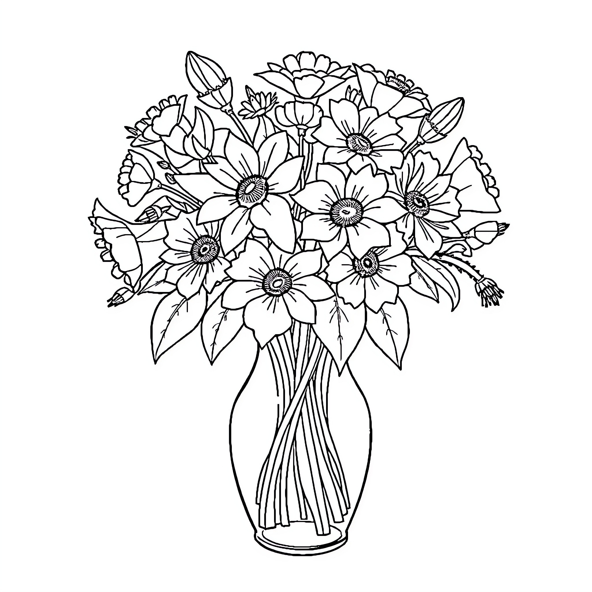 Flower Bouquet in Vase with Detailed Petals Coloring Page (free black-and-white line drawing printable PDF for all, from beginners to advanced learners, including children, teens, adults, and seniors)