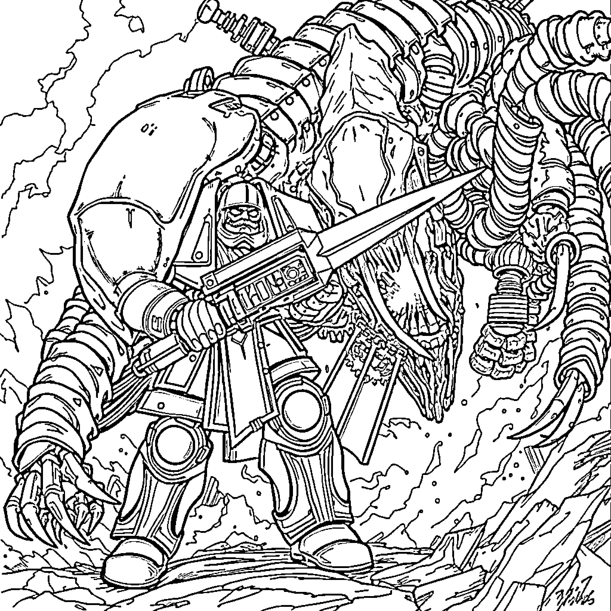 Guardsman in Futuristic Battle Gear Coloring Page (free black-and-white line drawing printable PDF for all, from beginners to advanced learners, including children, teens, adults, and seniors)