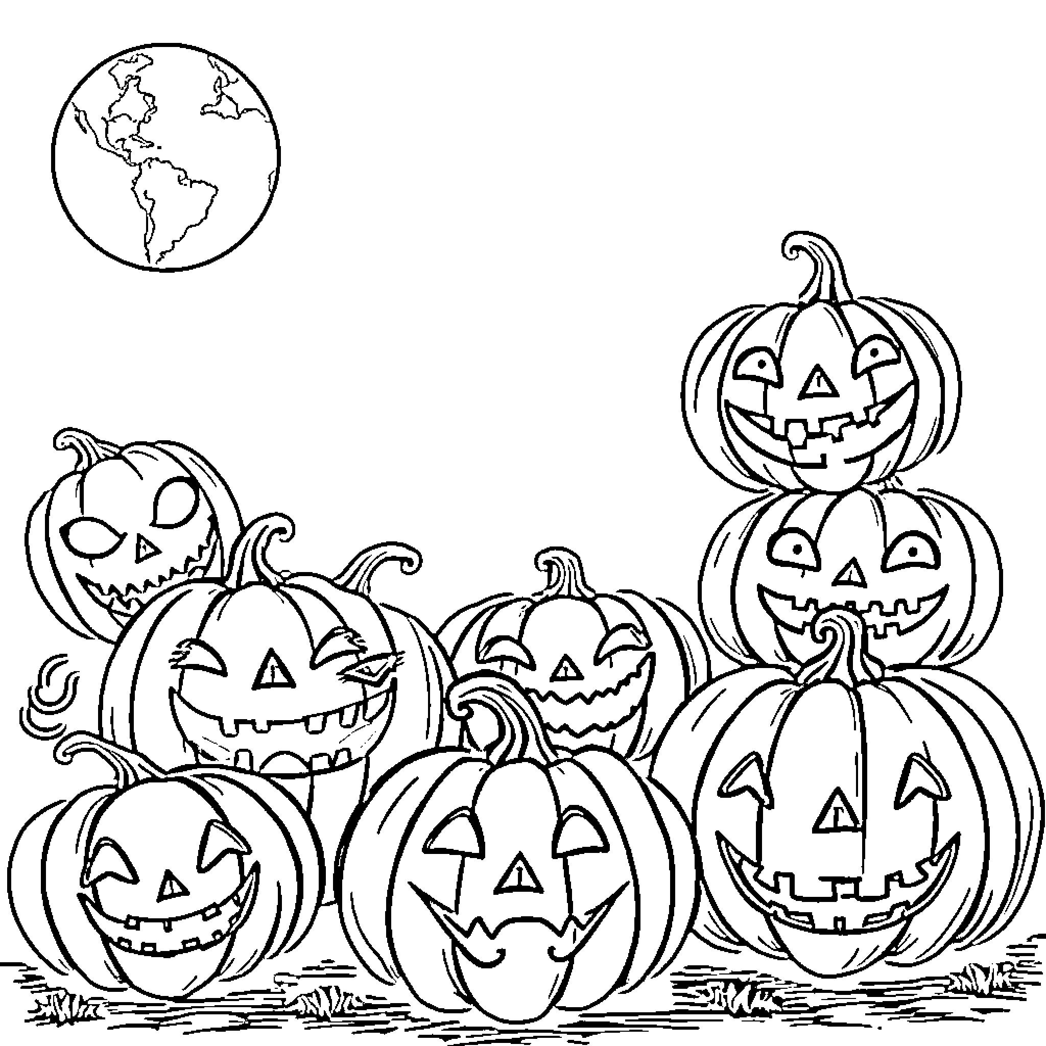 Pumpkin patch with carved Halloween jack-o'-lanterns Coloring Page (free black-and-white line drawing printable PDF for all, from beginners to advanced learners, including children, teens, adults, and seniors)
