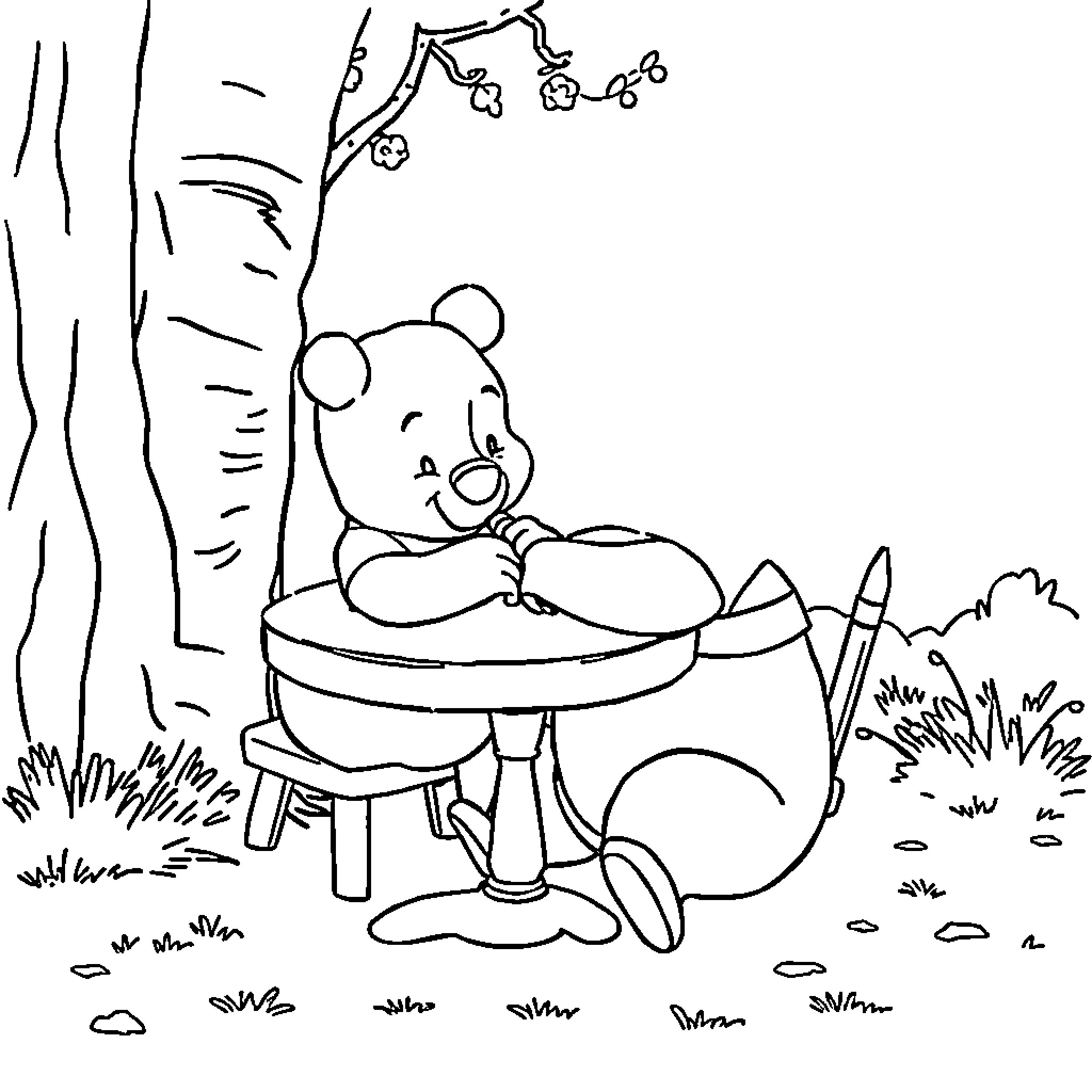 Winnie The Pooh enjoying a snack in the park Coloring Page (free black-and-white line drawing printable PDF for all, from beginners to advanced learners, including children, teens, adults, and seniors)
