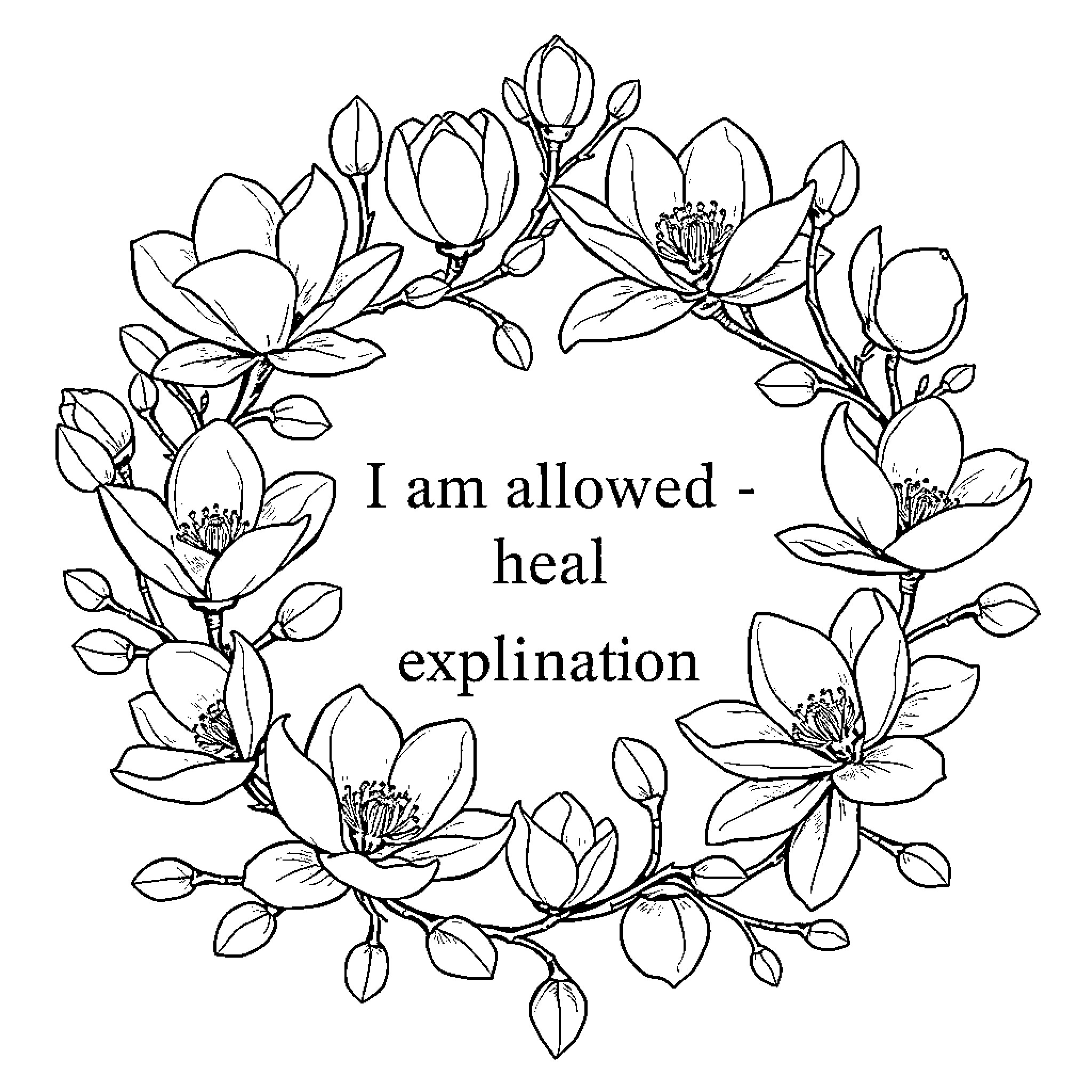 Magnolia flowers in a soothing wreath Coloring Page (free black-and-white line drawing printable PDF for all, from beginners to advanced learners, including children, teens, adults, and seniors)