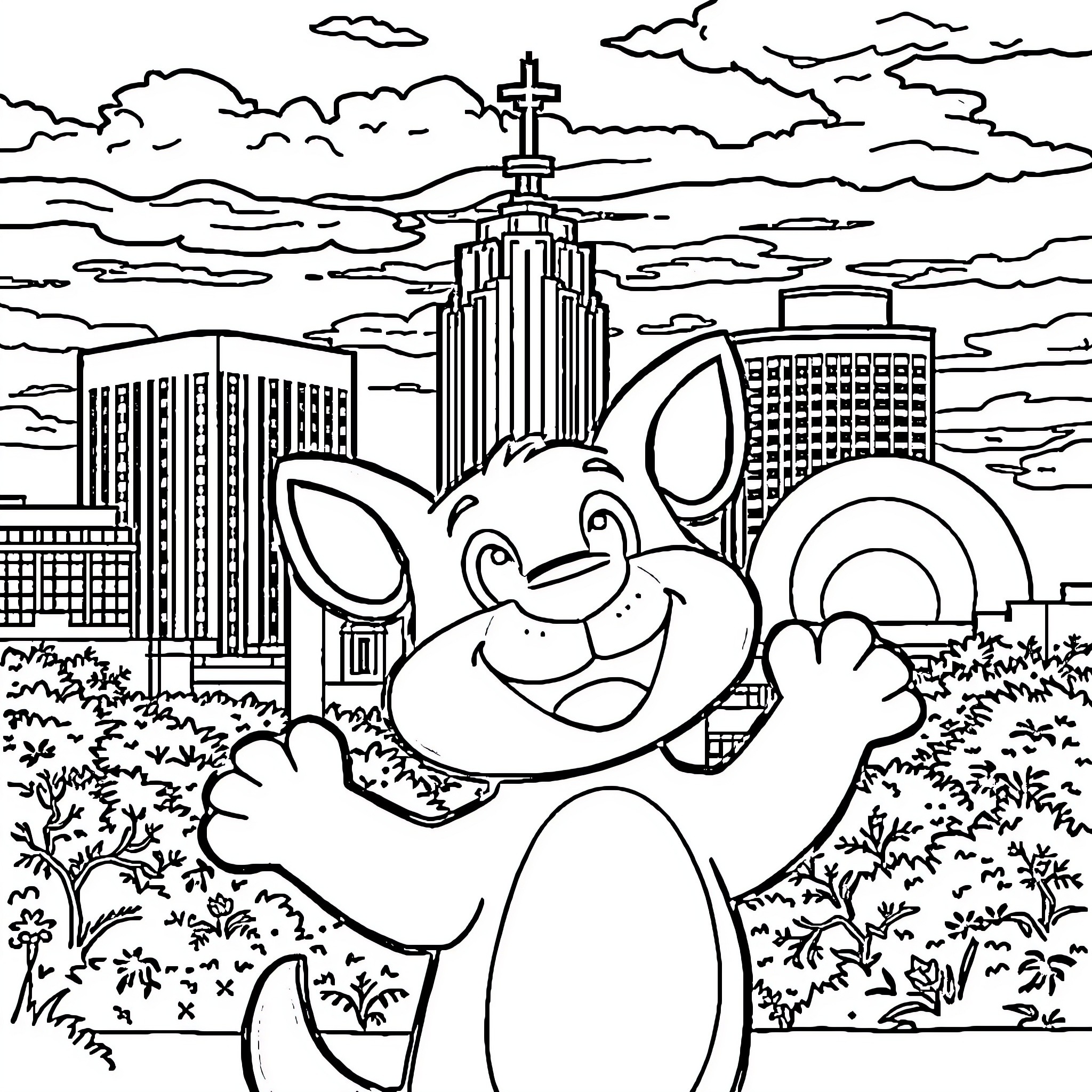 Bluey's Big City Adventure Coloring Page (free black-and-white line drawing printable PDF for all, from beginners to advanced learners, including children, teens, adults, and seniors)