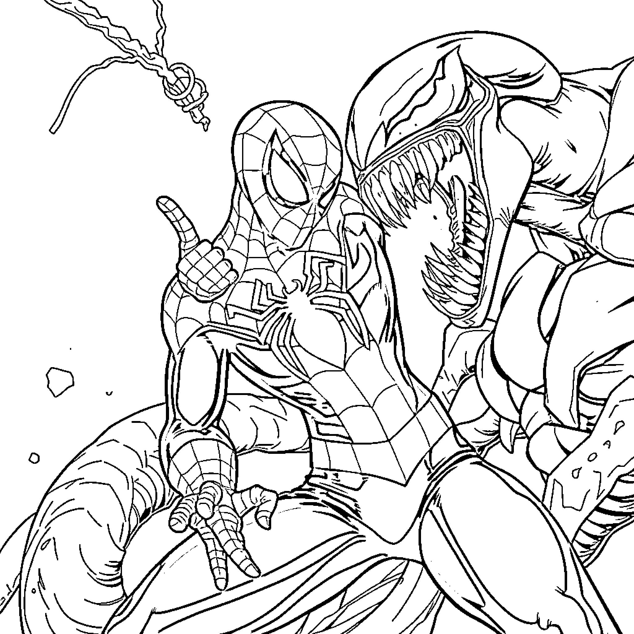 Spiderman battling a monstrous foe in an intense clash Coloring Page (free black-and-white line drawing printable PDF for all, from beginners to advanced learners, including children, teens, adults, and seniors)