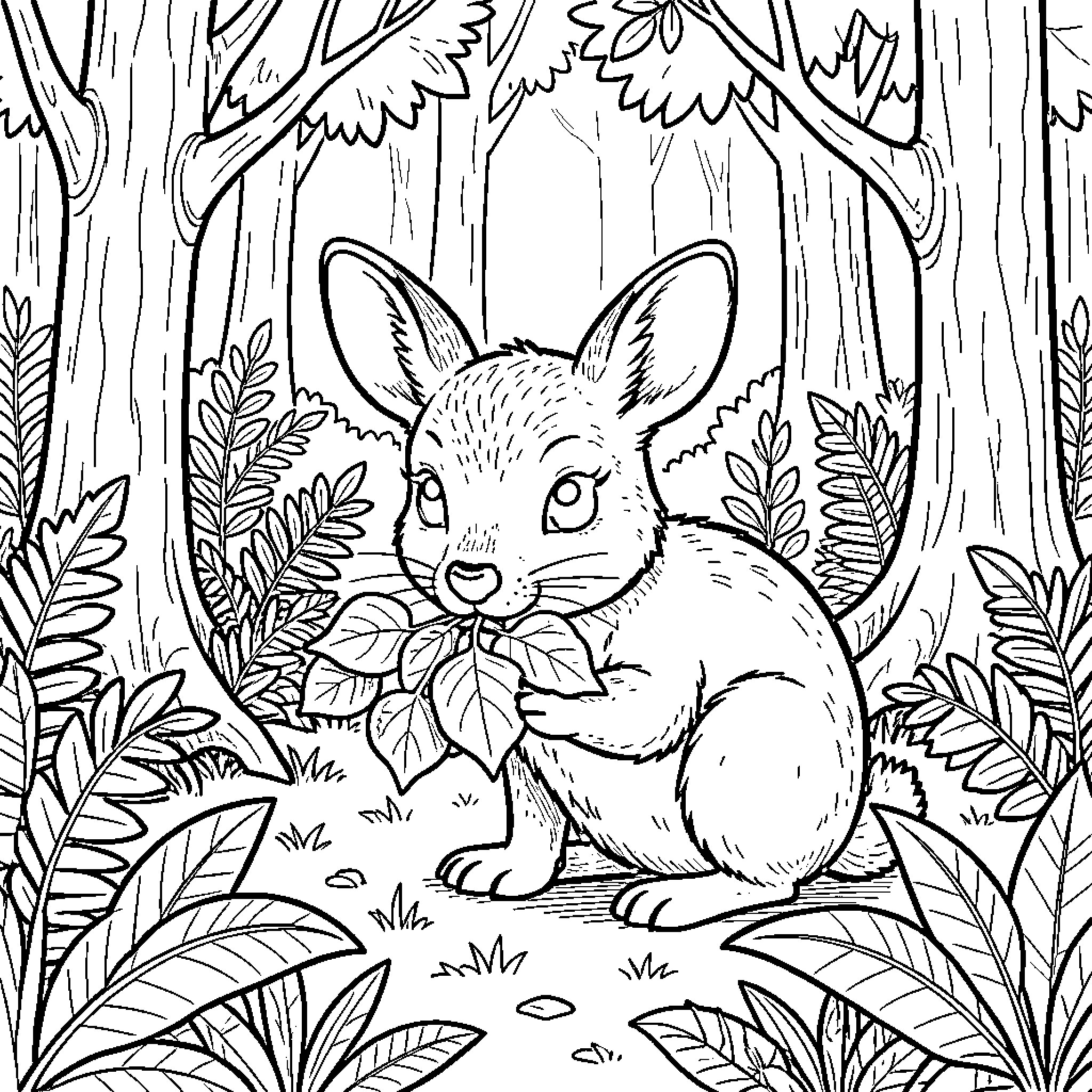 Pudu bunny exploring the enchanted forest Coloring Page (free black-and-white line drawing printable PDF for all, from beginners to advanced learners, including children, teens, adults, and seniors)
