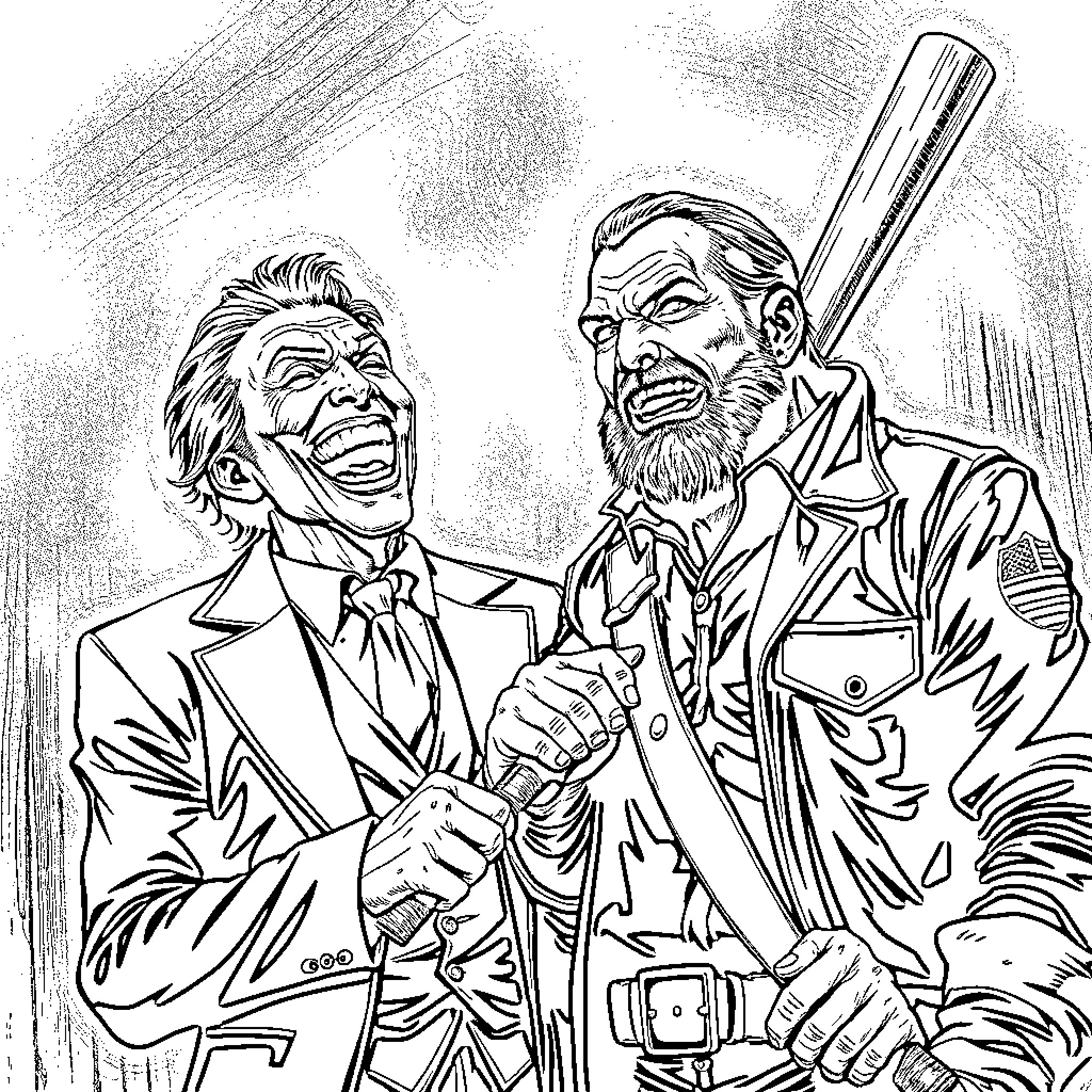 Joker's Chaotic Confrontation with a Disgruntled Companion Coloring Page (free black-and-white line drawing printable PDF for all, from beginners to advanced learners, including children, teens, adults, and seniors)